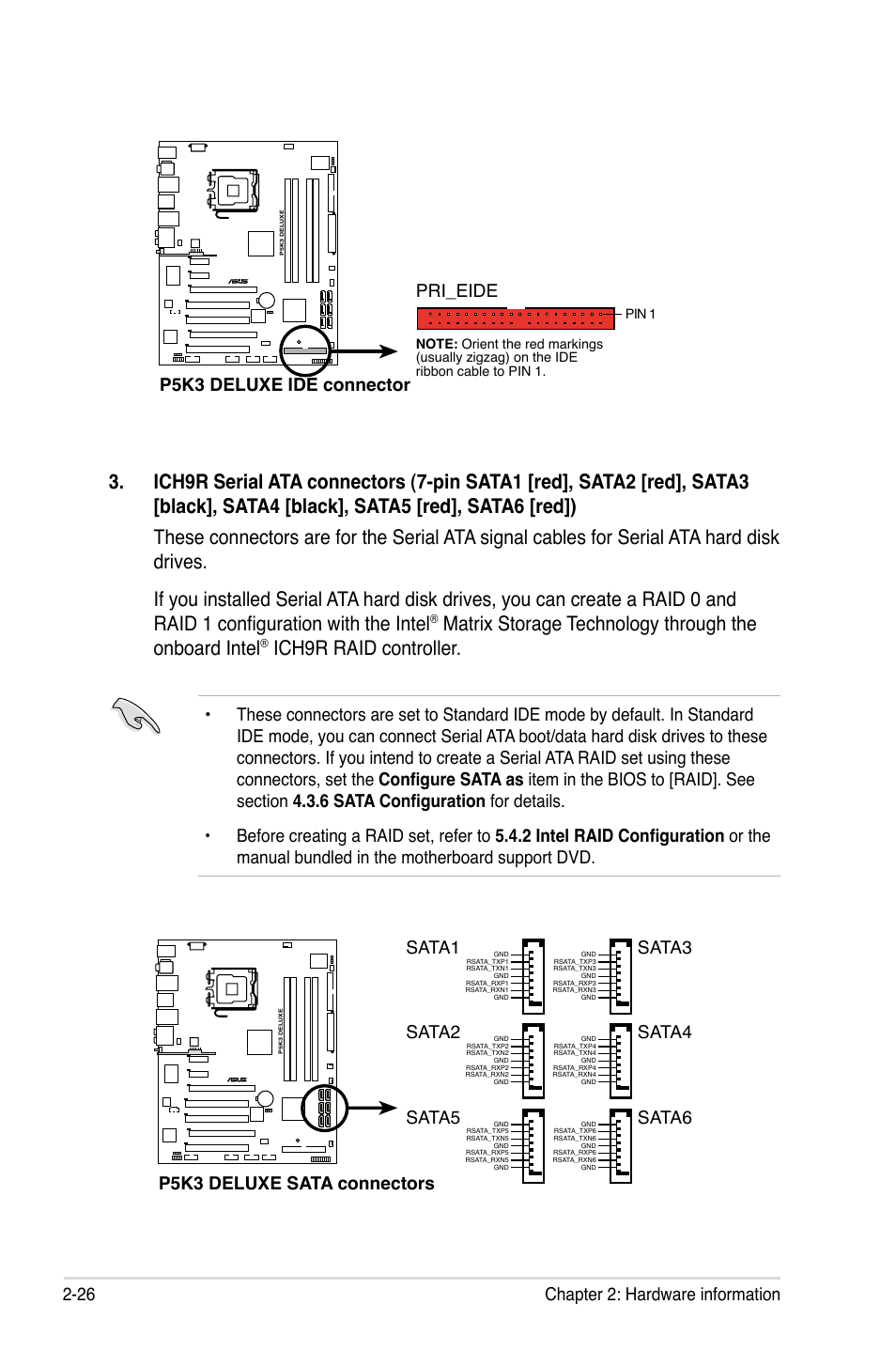 Ich9r raid controller, 26 chapter 2: hardware information, P5k3 deluxe ide connector | Pri_eide, P5k3 deluxe sata connectors, Sata1, Sata3, Sata2, Sata4, Sata5 | Asus P5K3 Deluxe User Manual | Page 52 / 176