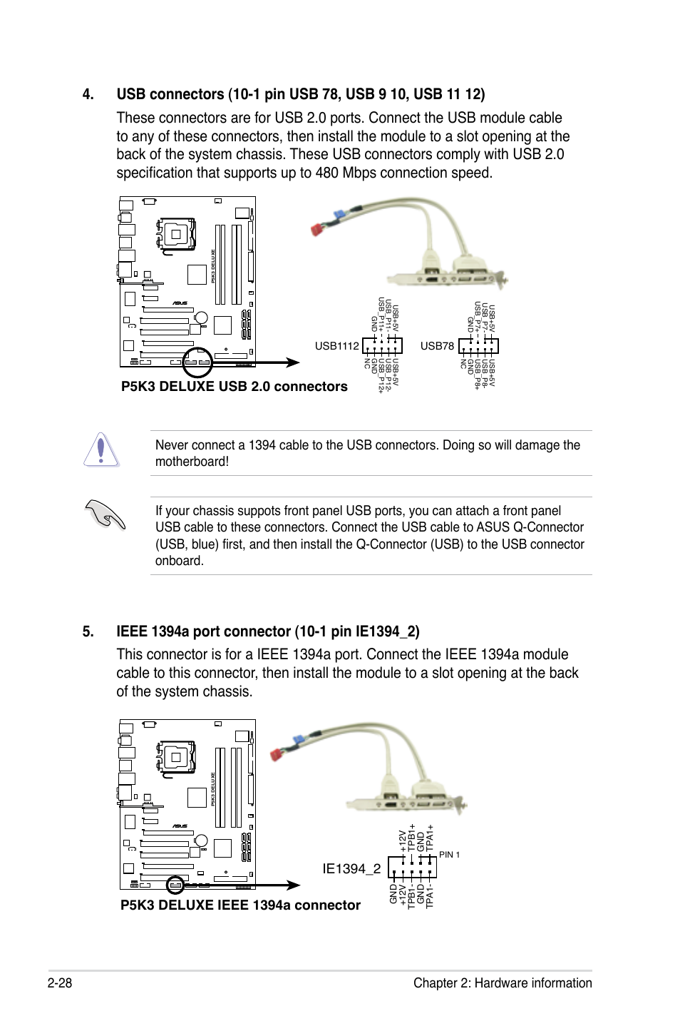 28 chapter 2: hardware information, P5k3 deluxe usb 2.0 connectors | Asus P5K3 Deluxe User Manual | Page 54 / 176