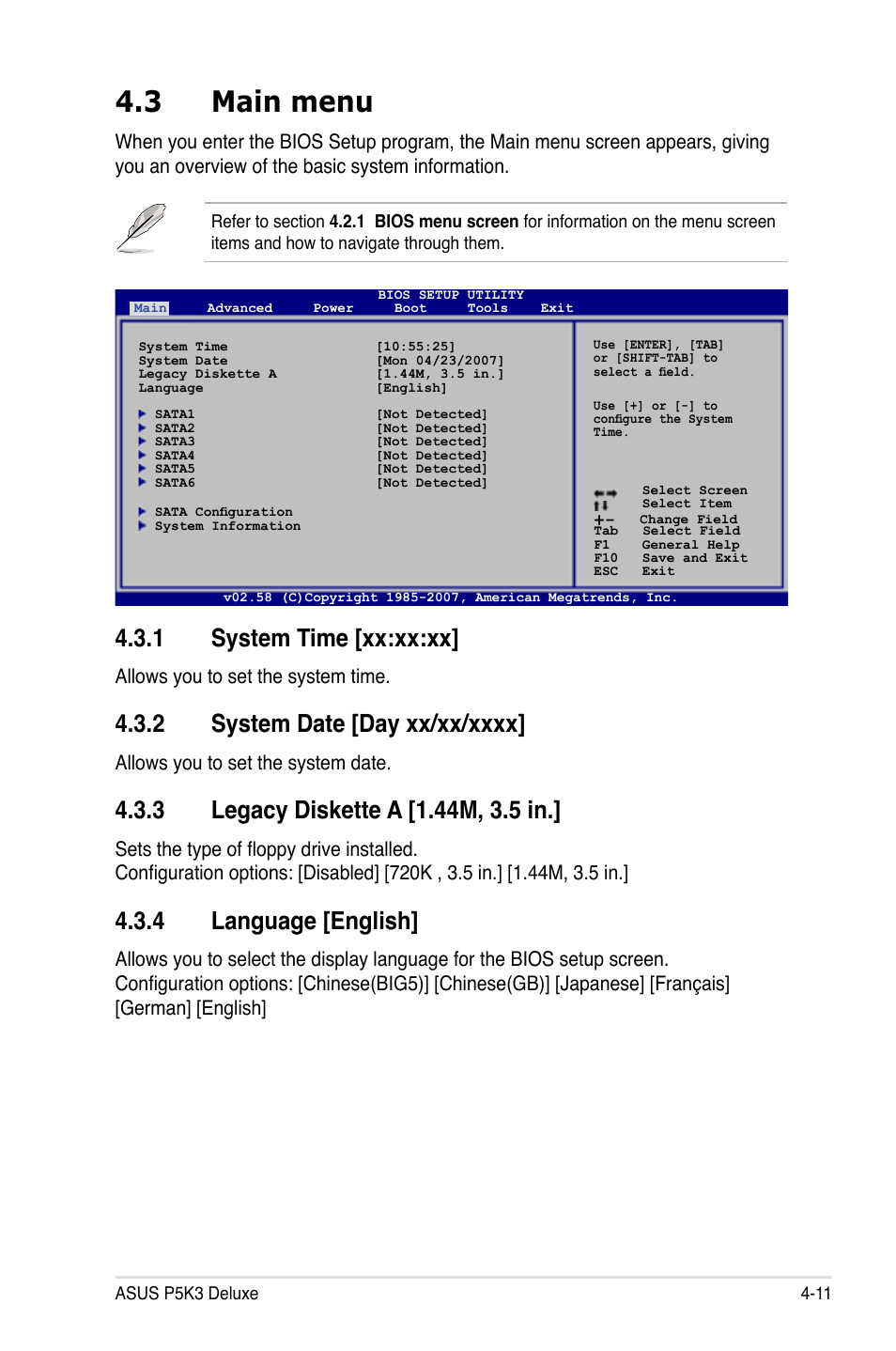 3 main menu, 1 system time [xx:xx:xx, 4 language [english | Allows you to set the system time, Allows you to set the system date | Asus P5K3 Deluxe User Manual | Page 79 / 176