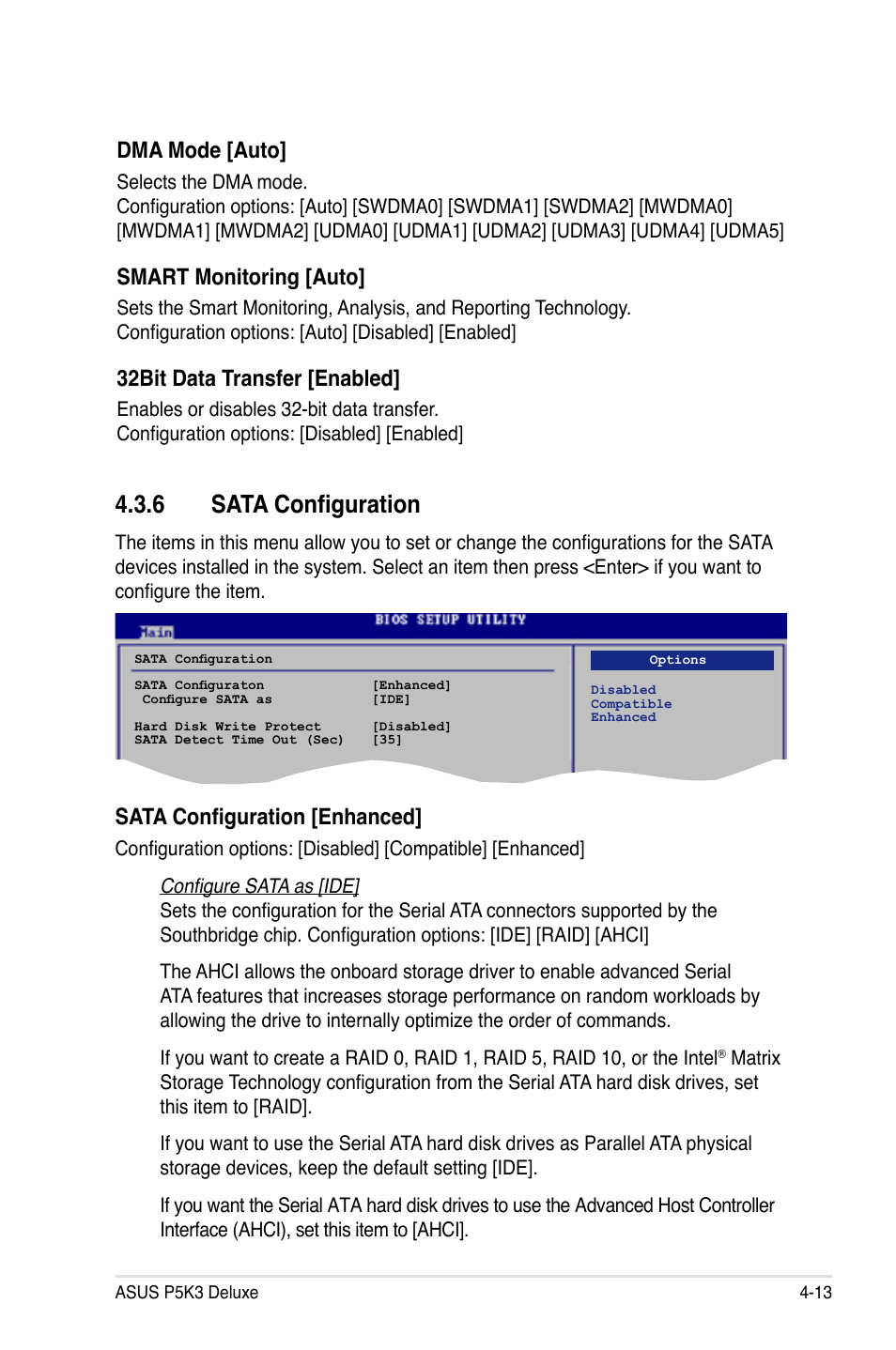 6 sata configuration, Dma mode [auto, Smart monitoring [auto | 32bit data transfer [enabled, Sata configuration [enhanced | Asus P5K3 Deluxe User Manual | Page 81 / 176