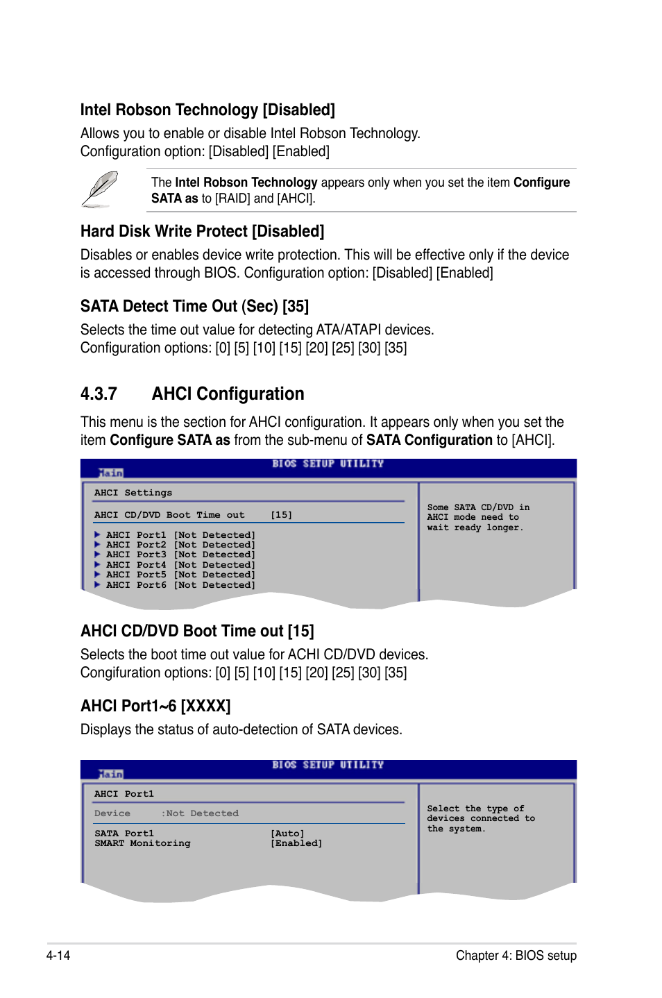 7 ahci configuration, Intel robson technology [disabled, Hard disk write protect [disabled | Sata detect time out (sec) [35, Ahci cd/dvd boot time out [15 | Asus P5K3 Deluxe User Manual | Page 82 / 176