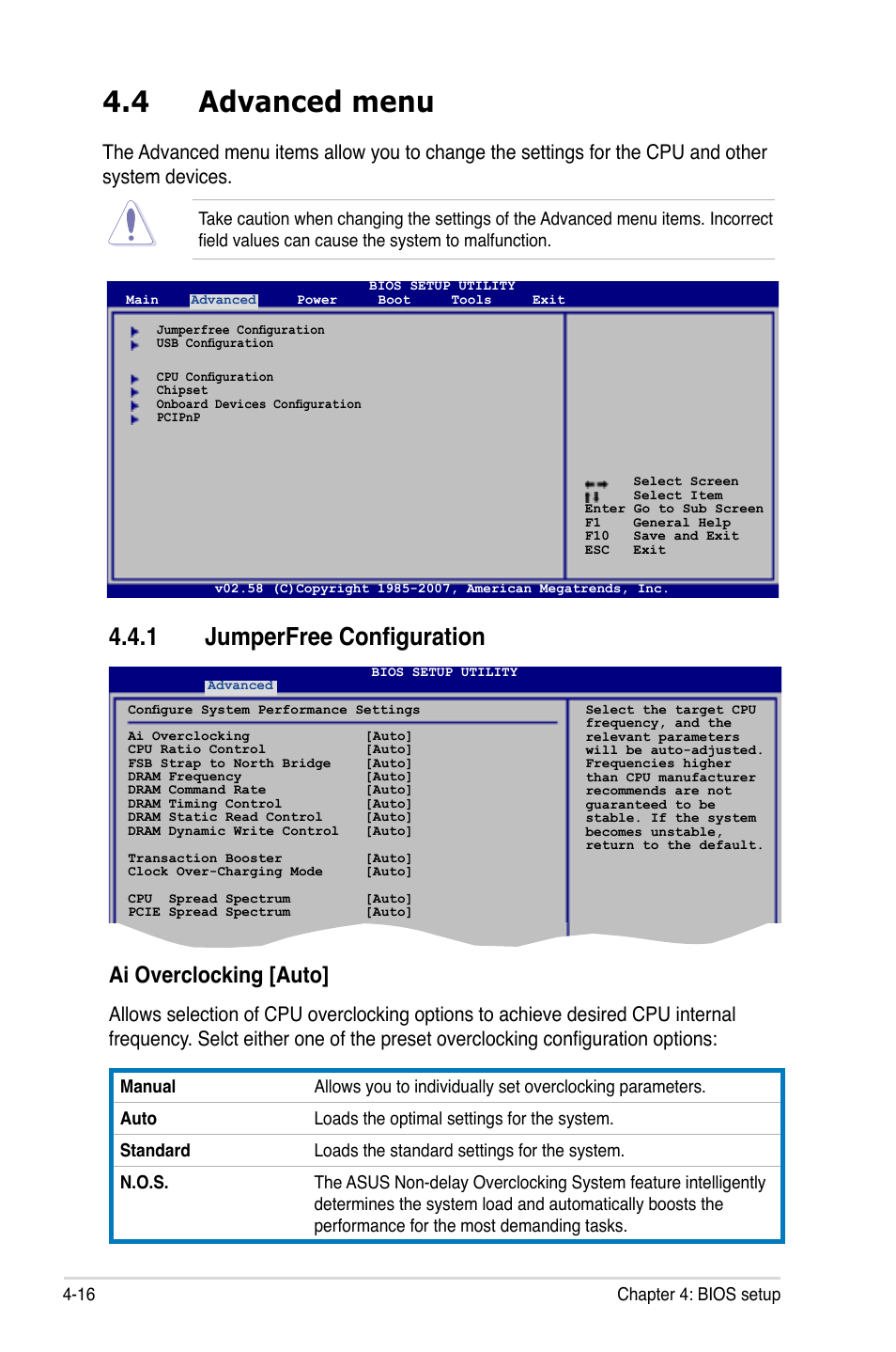 4 advanced menu, 1 jumperfree configuration, Ai overclocking [auto | Asus P5K3 Deluxe User Manual | Page 84 / 176