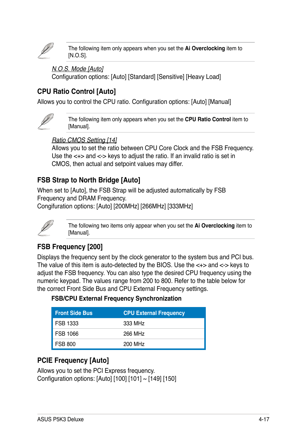 Cpu ratio control [auto, Fsb frequency [200, Pcie frequency [auto | Fsb strap to north bridge [auto | Asus P5K3 Deluxe User Manual | Page 85 / 176