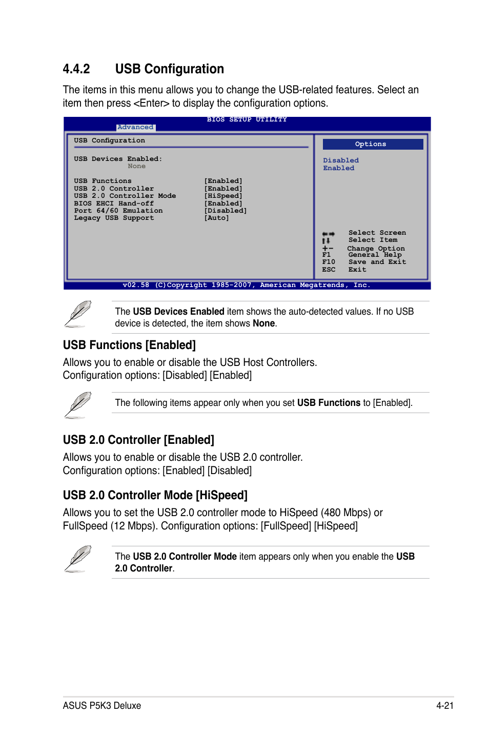 2 usb configuration, Usb 2.0 controller [enabled, Usb 2.0 controller mode [hispeed | Usb functions [enabled | Asus P5K3 Deluxe User Manual | Page 89 / 176