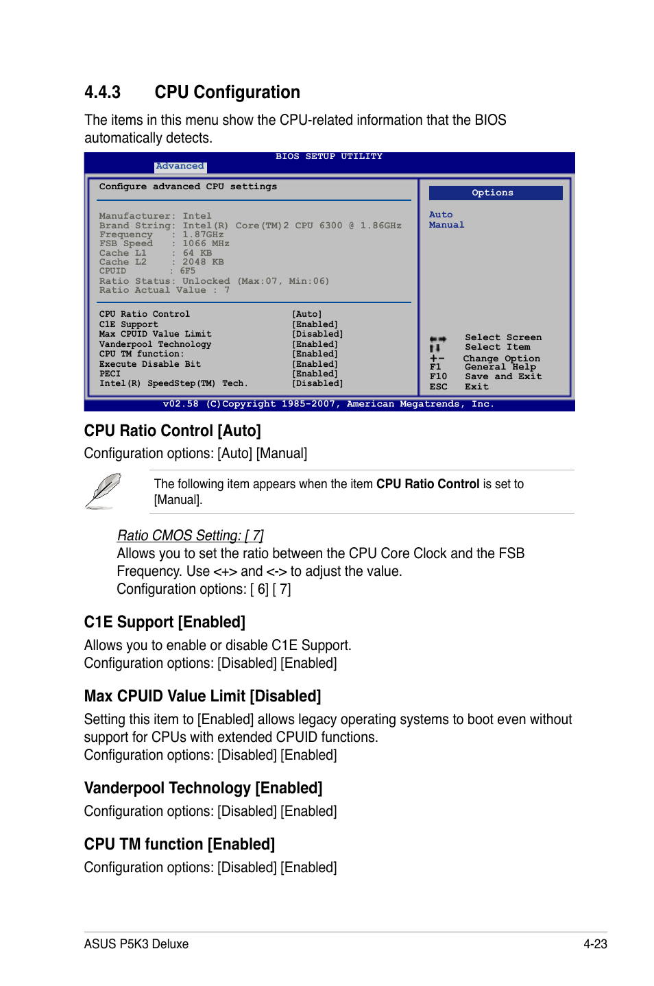 3 cpu configuration, Cpu ratio control [auto, C1e support [enabled | Max cpuid value limit [disabled, Vanderpool technology [enabled, Cpu tm function [enabled, Configuration options: [auto] [manual, Configuration options: [disabled] [enabled | Asus P5K3 Deluxe User Manual | Page 91 / 176