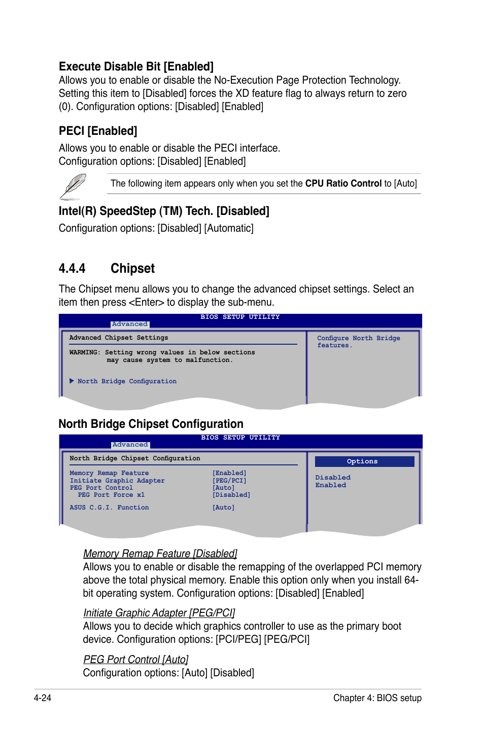 4 chipset, North bridge chipset configuration, Execute disable bit [enabled | Peci [enabled, Intel(r) speedstep (tm) tech. [disabled, Configuration options: [disabled] [automatic | Asus P5K3 Deluxe User Manual | Page 92 / 176