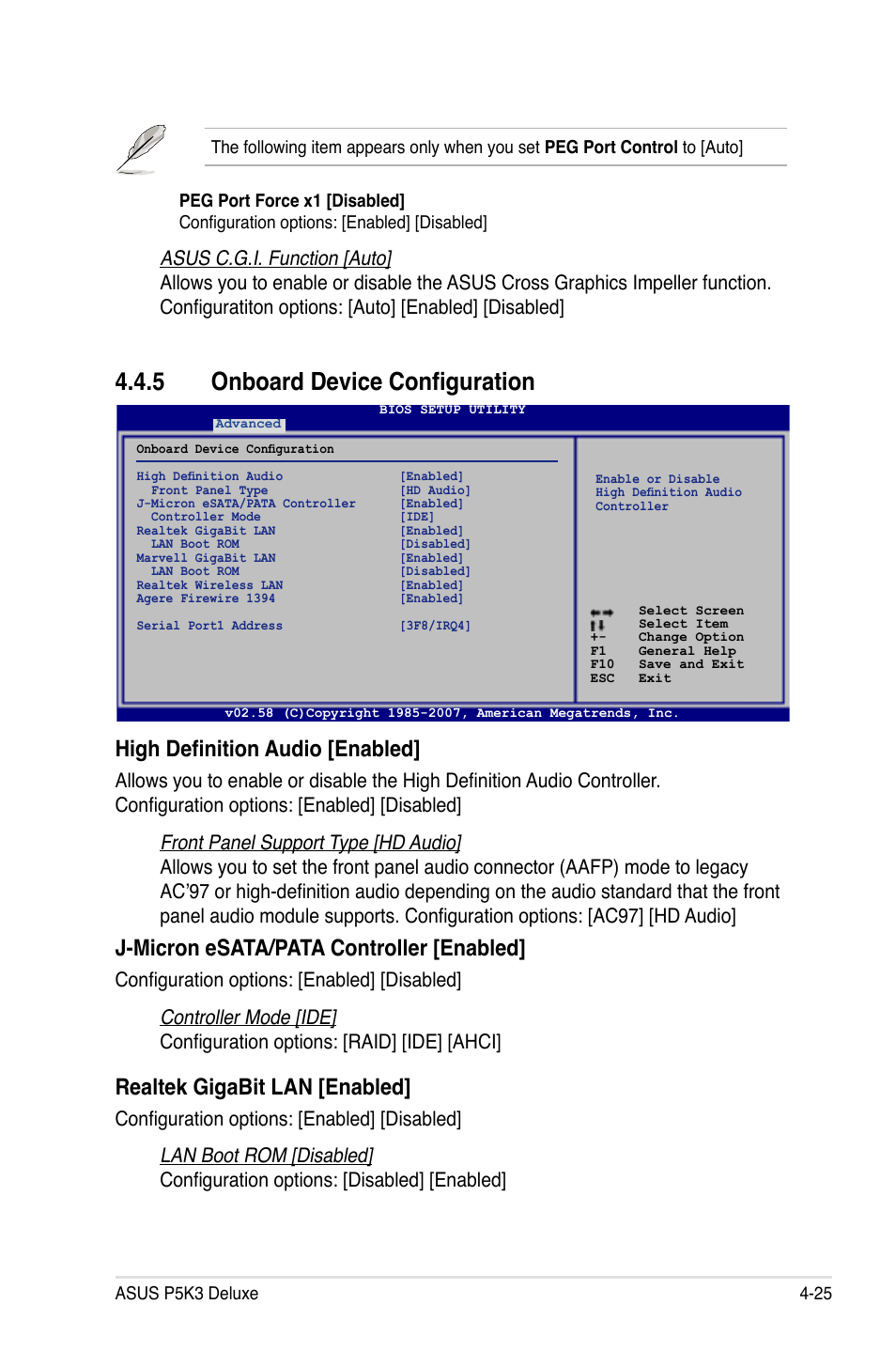 5 onboard device configuration, High definition audio [enabled, J-micron esata/pata controller [enabled | Realtek gigabit lan [enabled | Asus P5K3 Deluxe User Manual | Page 93 / 176