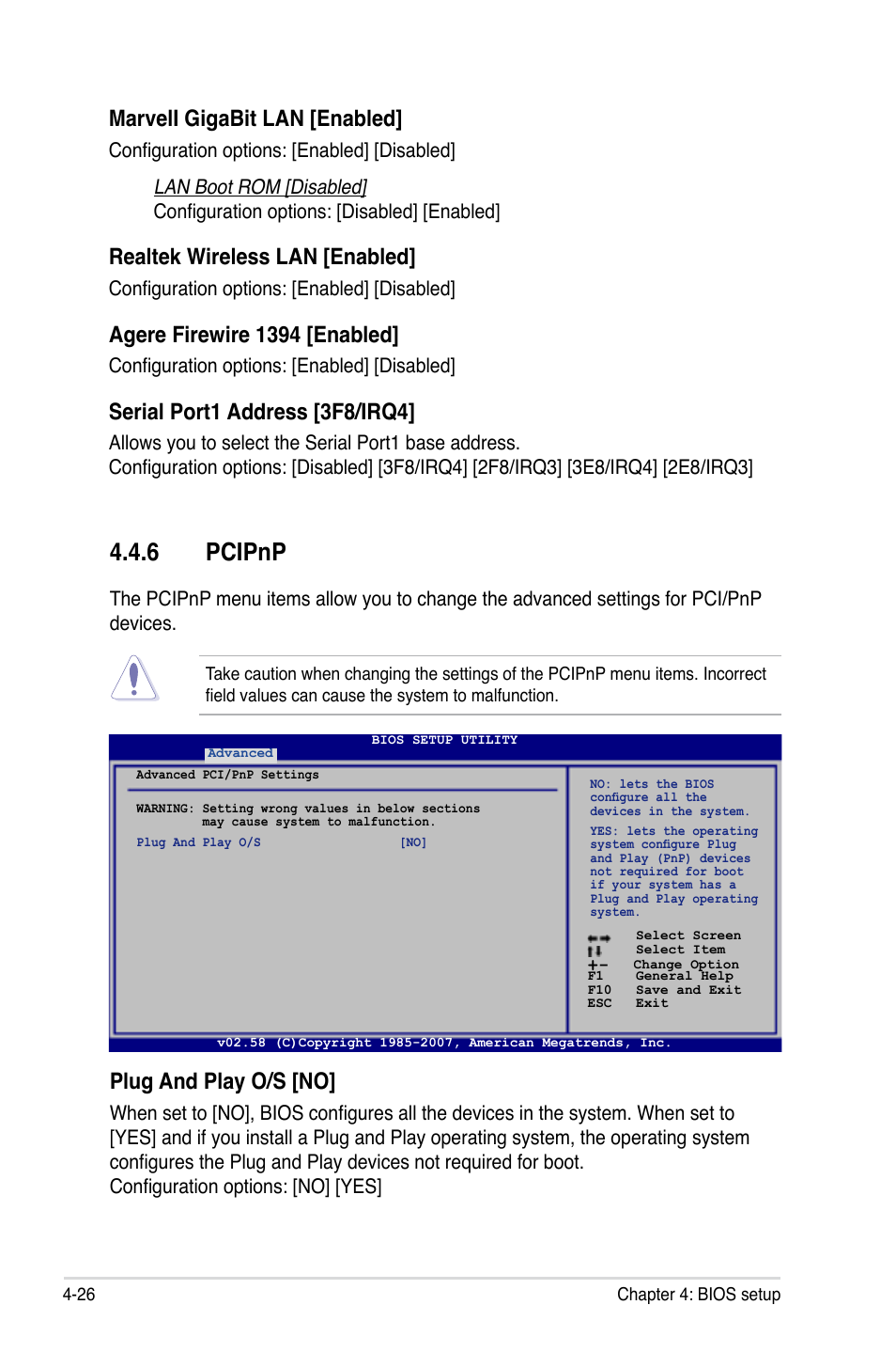 6 pcipnp, Plug and play o/s [no, Marveli gigabit lan [enabled | Realtek wireless lan [enabled, Agere firewire 1394 [enabled, Serial port1 address [3f8/irq4 | Asus P5K3 Deluxe User Manual | Page 94 / 176