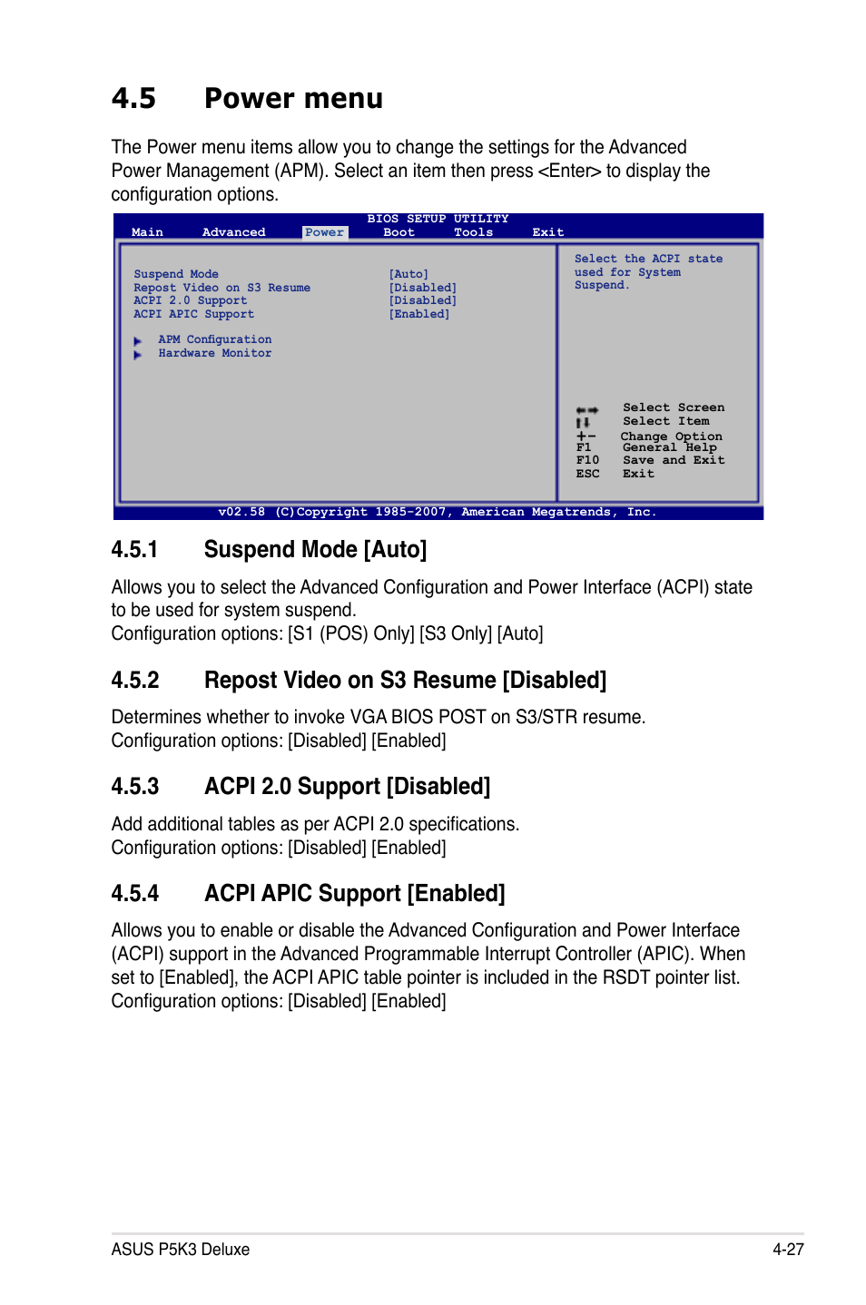 5 power menu, 1 suspend mode [auto, 2 repost video on s3 resume [disabled | 3 acpi 2.0 support [disabled, 4 acpi apic support [enabled | Asus P5K3 Deluxe User Manual | Page 95 / 176