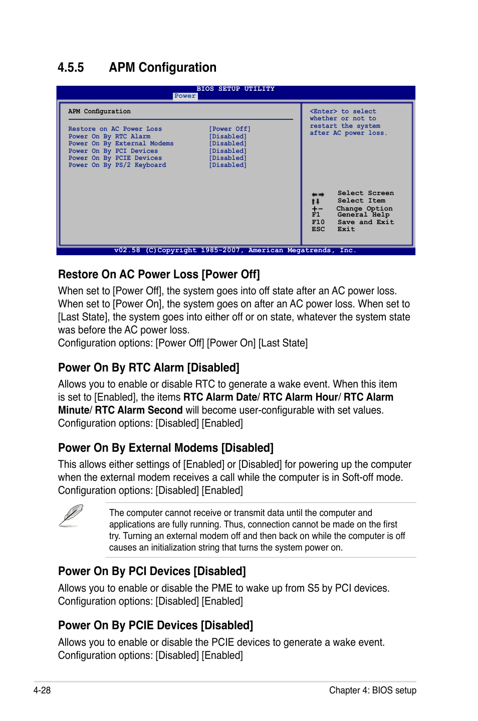 5 apm configuration, Restore on ac power loss [power off, Power on by rtc alarm [disabled | Power on by external modems [disabled, Power on by pci devices [disabled, Power on by pcie devices [disabled | Asus P5K3 Deluxe User Manual | Page 96 / 176