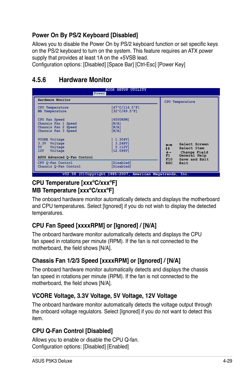 6 hardware monitor, Power on by ps/2 keyboard [disabled, Cpu q-fan control [disabled | Asus P5K3 Deluxe User Manual | Page 97 / 176