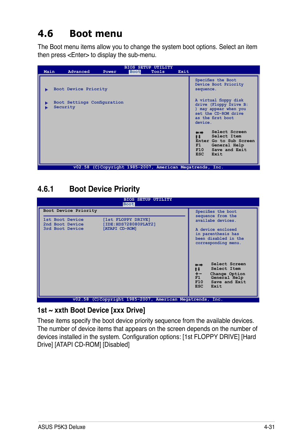 6 boot menu, 1 boot device priority, 1st ~ xxth boot device [xxx drive | Asus P5K3 Deluxe User Manual | Page 99 / 176