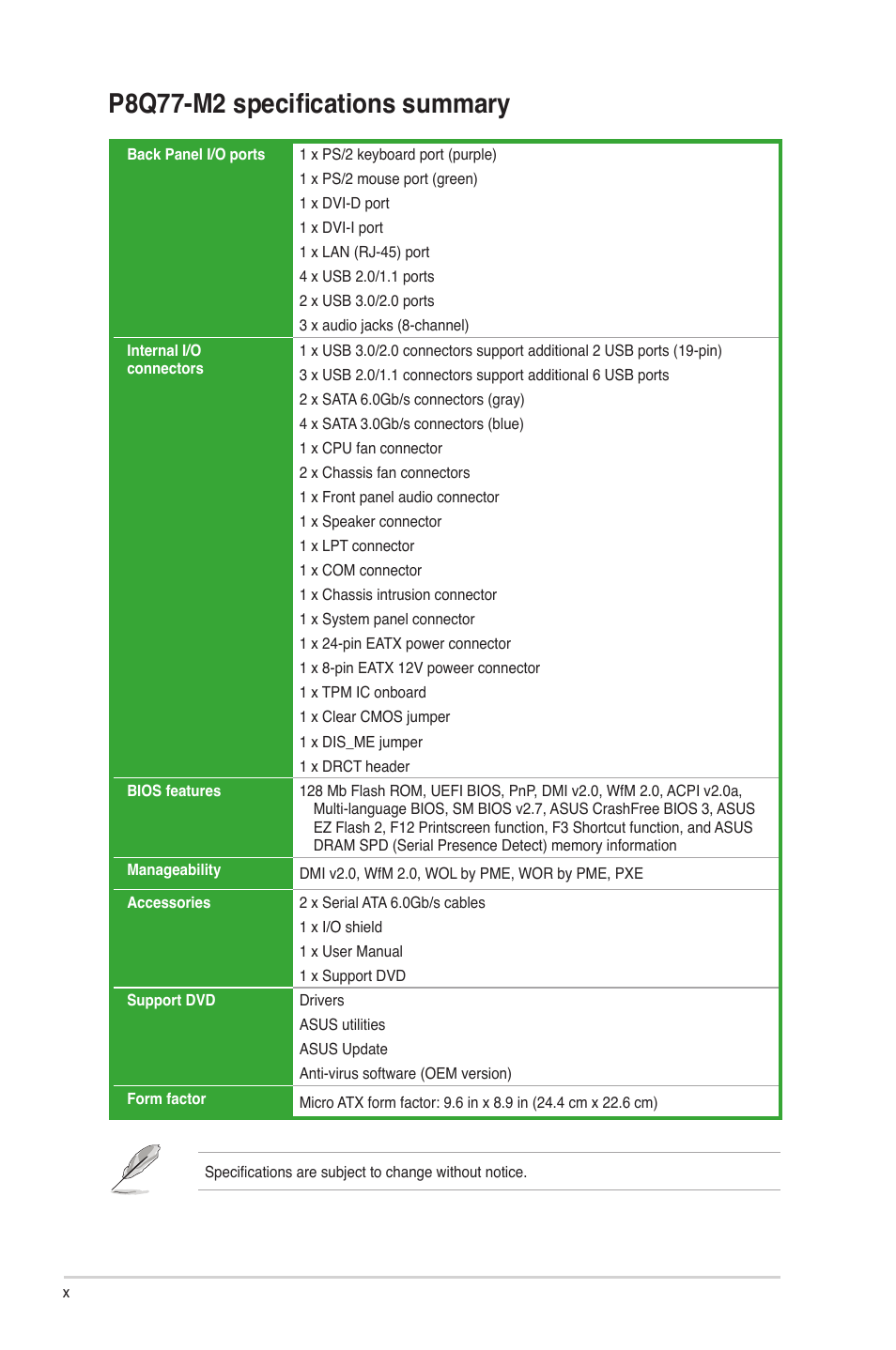 P8q77-m2 specifications summary | Asus P8Q77-M2 User Manual | Page 10 / 82