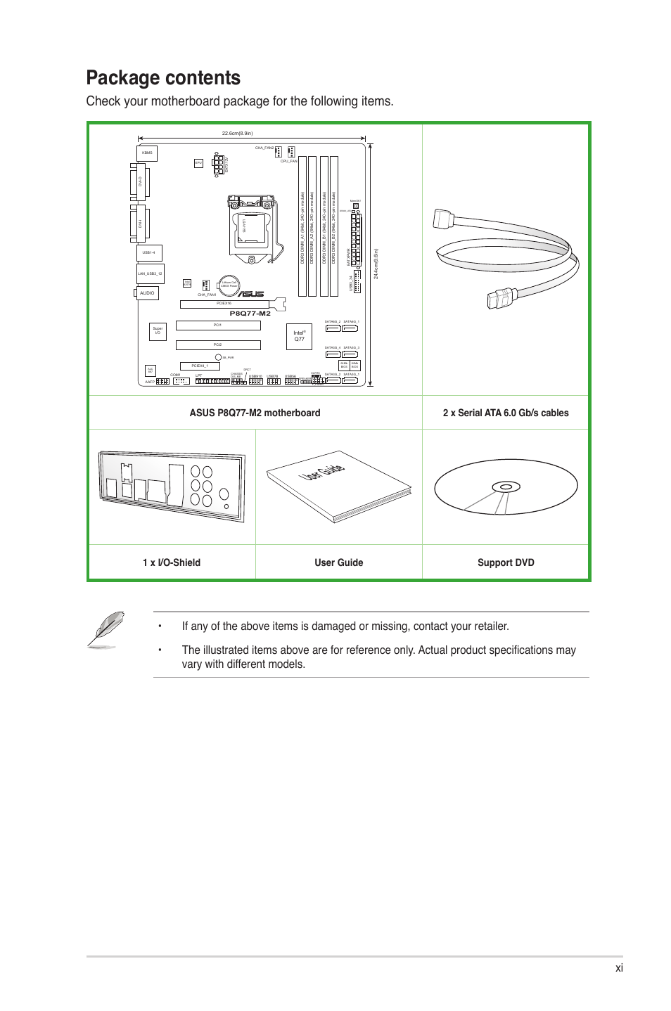 Package contents, User guide, 1 x i/o-shield user guide support dvd | Asus P8Q77-M2 User Manual | Page 11 / 82