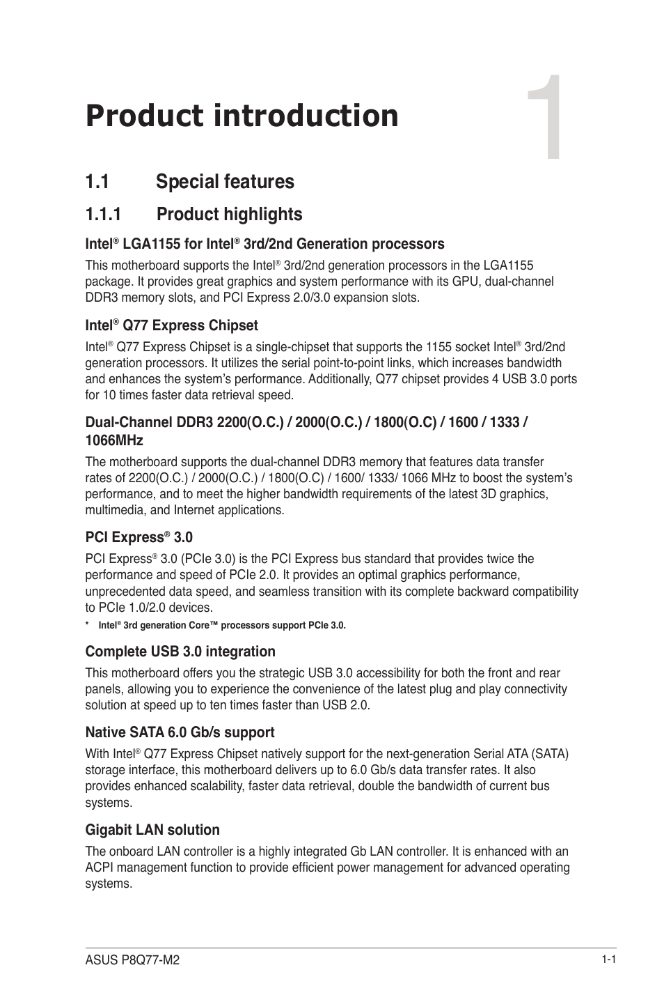 Chapter 1: product introduction, 1 special features, 1 product highlights | Product introduction, 1 special features -1, Product highlights -1 | Asus P8Q77-M2 User Manual | Page 13 / 82