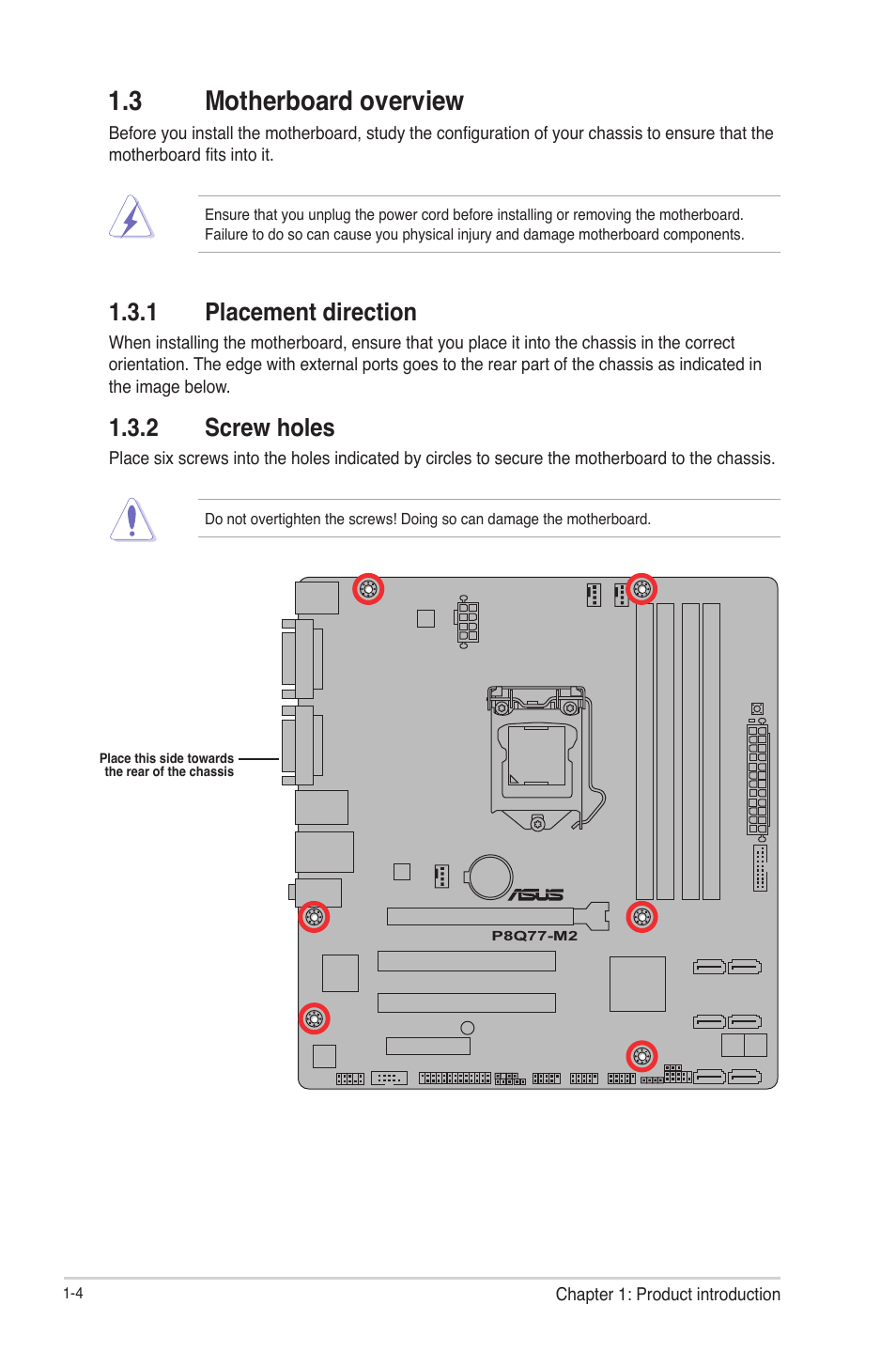 3 motherboard overview, 1 placement direction, 2 screw holes | 3 motherboard overview -4, Placement direction -4, Screw holes -4 | Asus P8Q77-M2 User Manual | Page 16 / 82