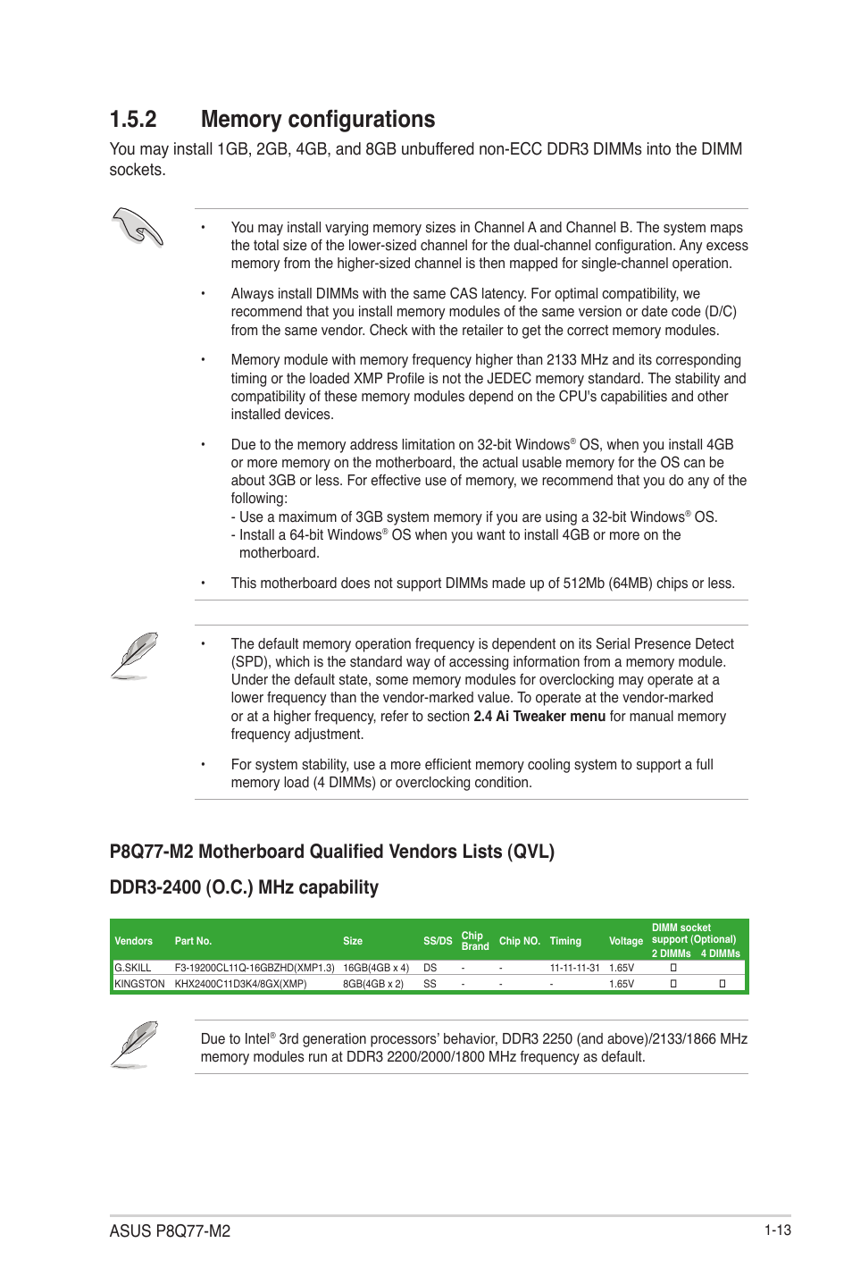 2 memory configurations, Memory configurations -13, Asus p8q77-m2 | Asus P8Q77-M2 User Manual | Page 25 / 82