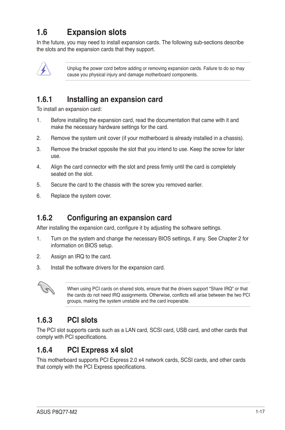 6 expansion slots, 1 installing an expansion card, 2 configuring an expansion card | 3 pci slots, 4 pci express x4 slot, 6 expansion slots -17, Installing an expansion card -17, Configuring an expansion card -17, Pci slots -17, Pci express x4 slot -17 | Asus P8Q77-M2 User Manual | Page 29 / 82