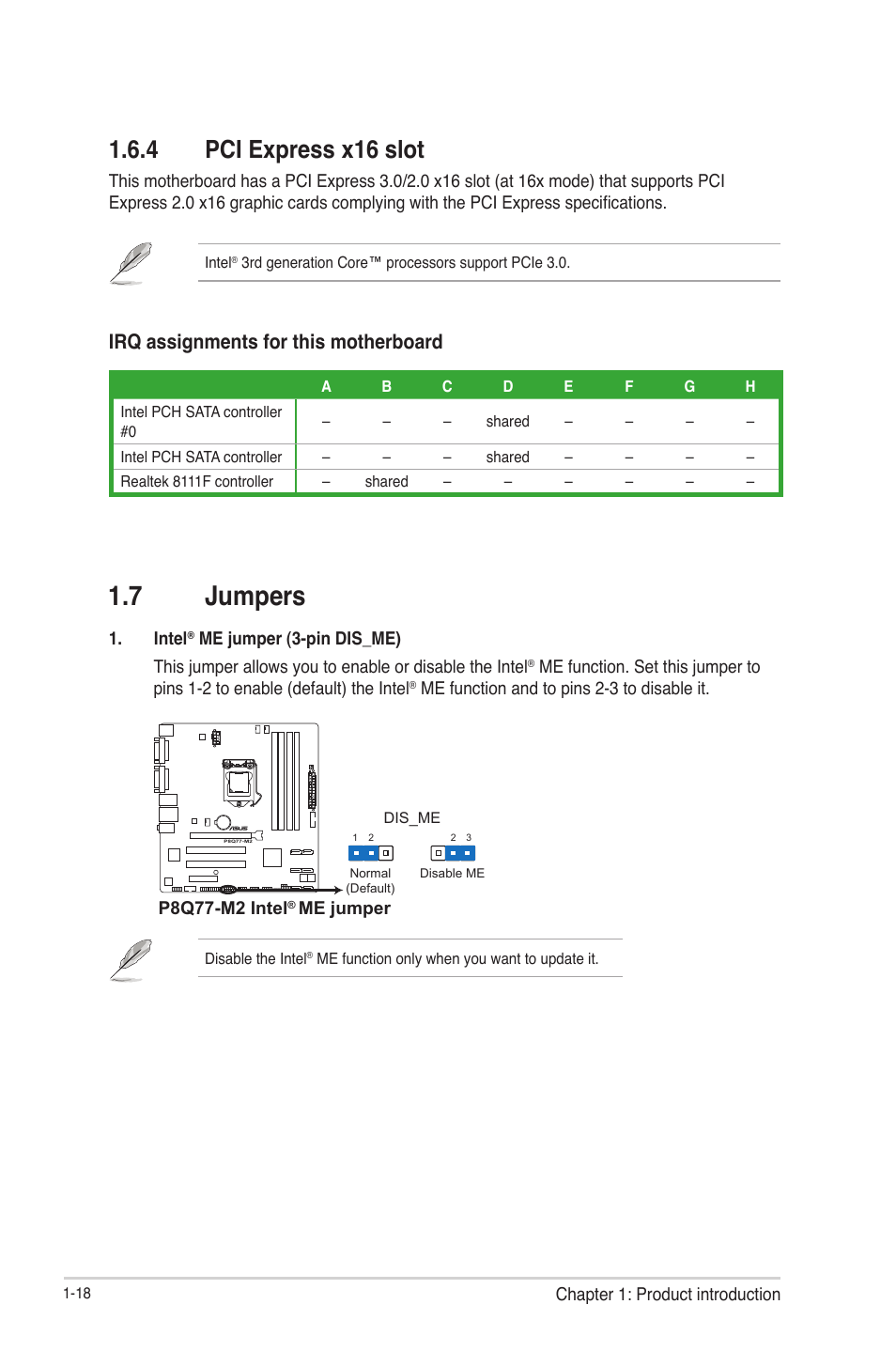 4 pci express x16 slot, 7 jumpers, Pci express x16 slot -18 | 7 jumpers -18, Irq assignments for this motherboard | Asus P8Q77-M2 User Manual | Page 30 / 82