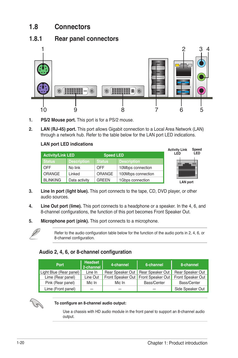 8 connectors, 1 rear panel connectors, 8 connectors -20 | Rear panel connectors -20 | Asus P8Q77-M2 User Manual | Page 32 / 82