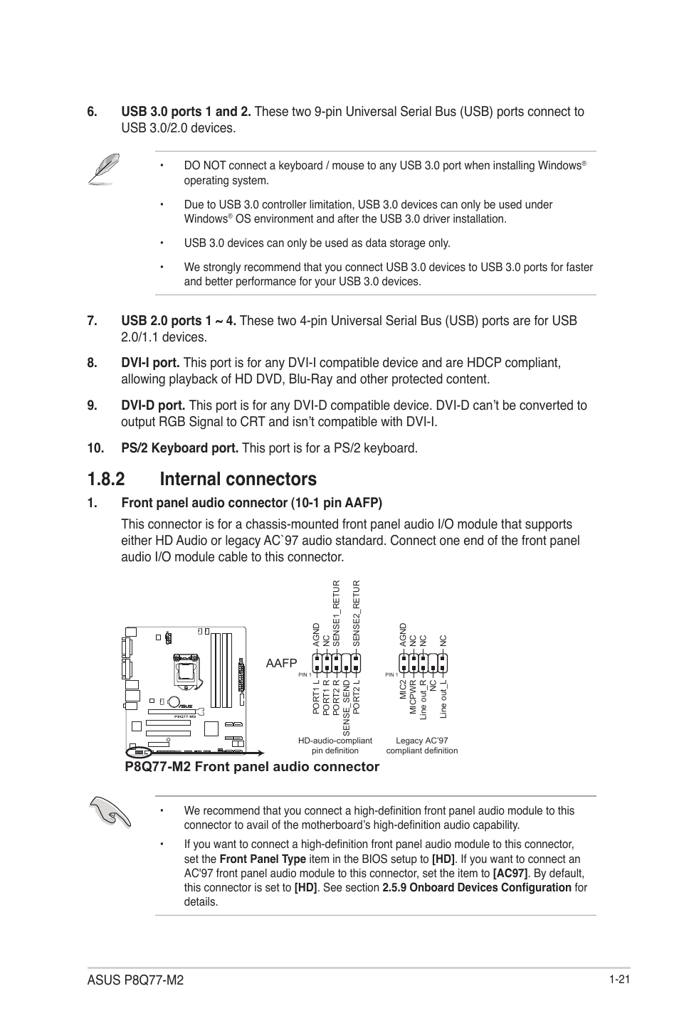 2 internal connectors, Internal connectors -21, Asus p8q77-m2 | P8q77-m2 front panel audio connector | Asus P8Q77-M2 User Manual | Page 33 / 82