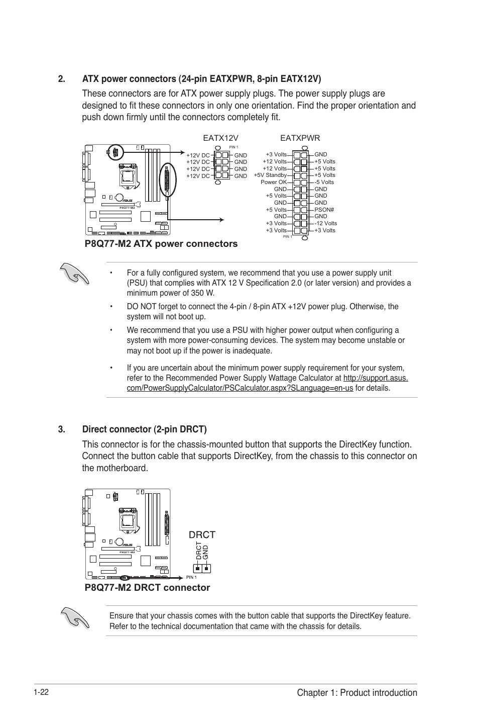 Chapter 1: product introduction, P8q77-m2 atx power connectors, P8q77-m2 drct connector | Asus P8Q77-M2 User Manual | Page 34 / 82