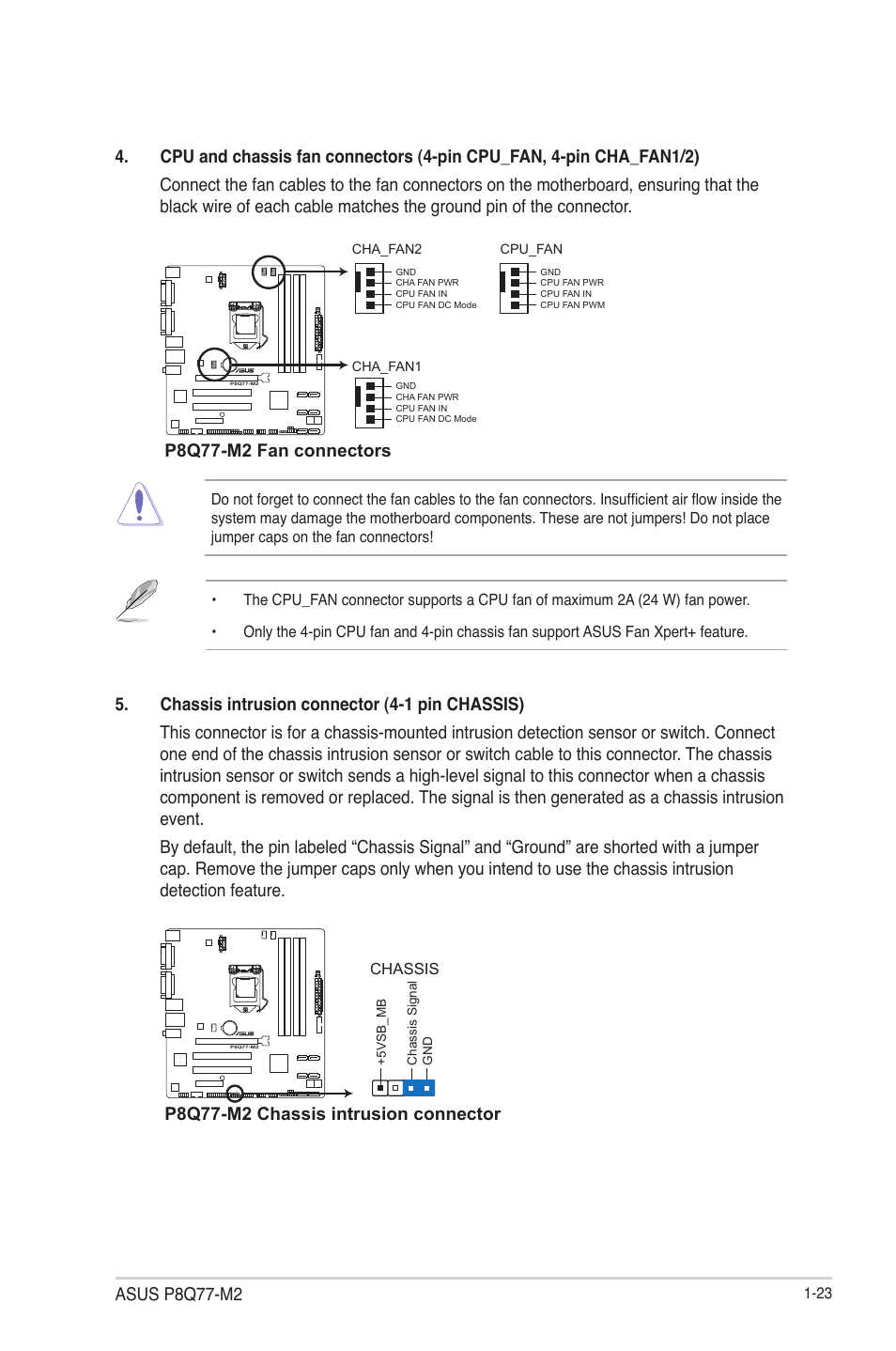 Asus p8q77-m2, P8q77-m2 fan connectors, P8q77-m2 chassis intrusion connector | Asus P8Q77-M2 User Manual | Page 35 / 82