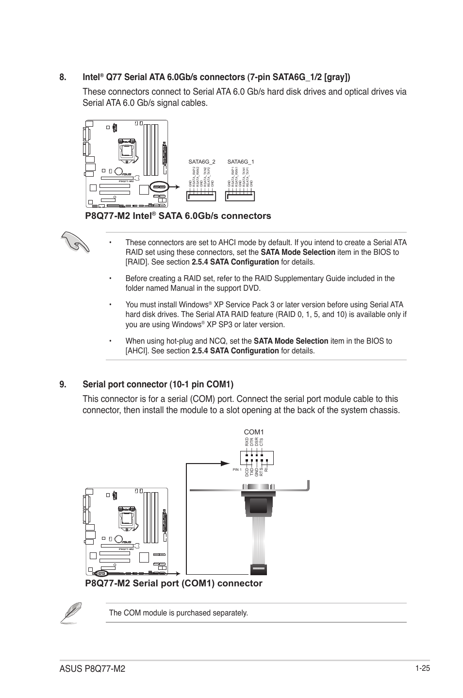 Asus p8q77-m2, Intel, P8q77-m2 intel | Sata 6.0gb/s connectors, The com module is purchased separately | Asus P8Q77-M2 User Manual | Page 37 / 82