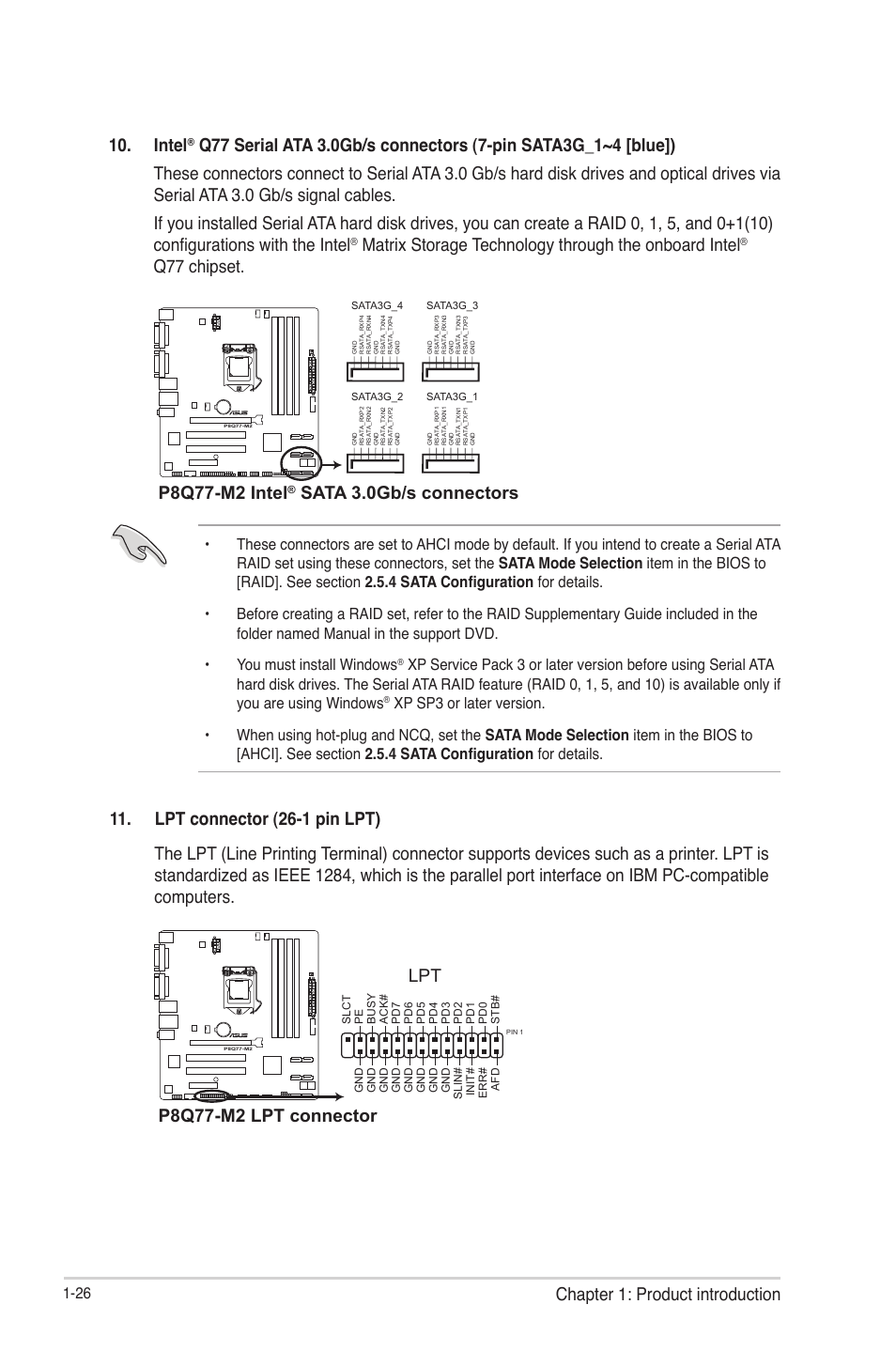 Chapter 1: product introduction, Intel, P8q77-m2 intel | Sata 3.0gb/s connectors, P8q77-m2 lpt connector lpt | Asus P8Q77-M2 User Manual | Page 38 / 82