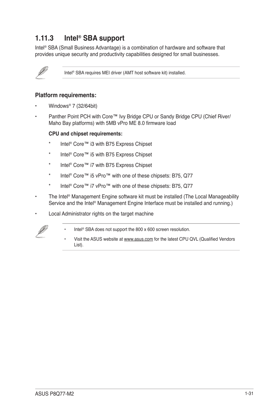 3 intel® sba support, 3 intel, Sba support -31 | Sba support, Platform requirements | Asus P8Q77-M2 User Manual | Page 43 / 82