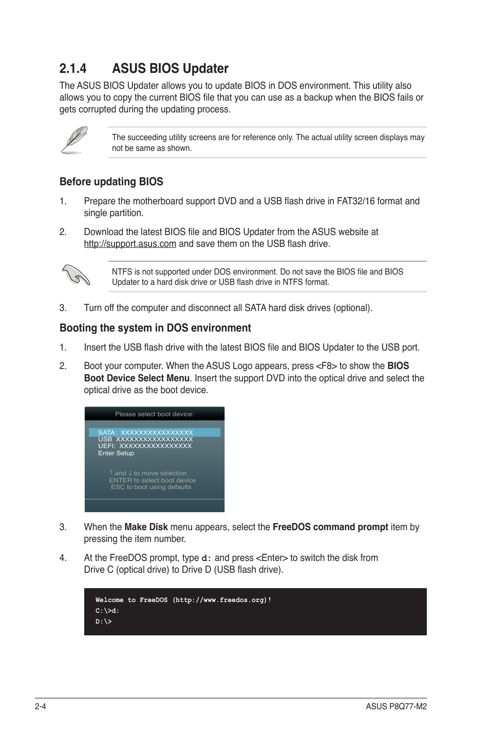 4 asus bios updater, Asus bios updater -4, Before updating bios | Booting the system in dos environment | Asus P8Q77-M2 User Manual | Page 48 / 82