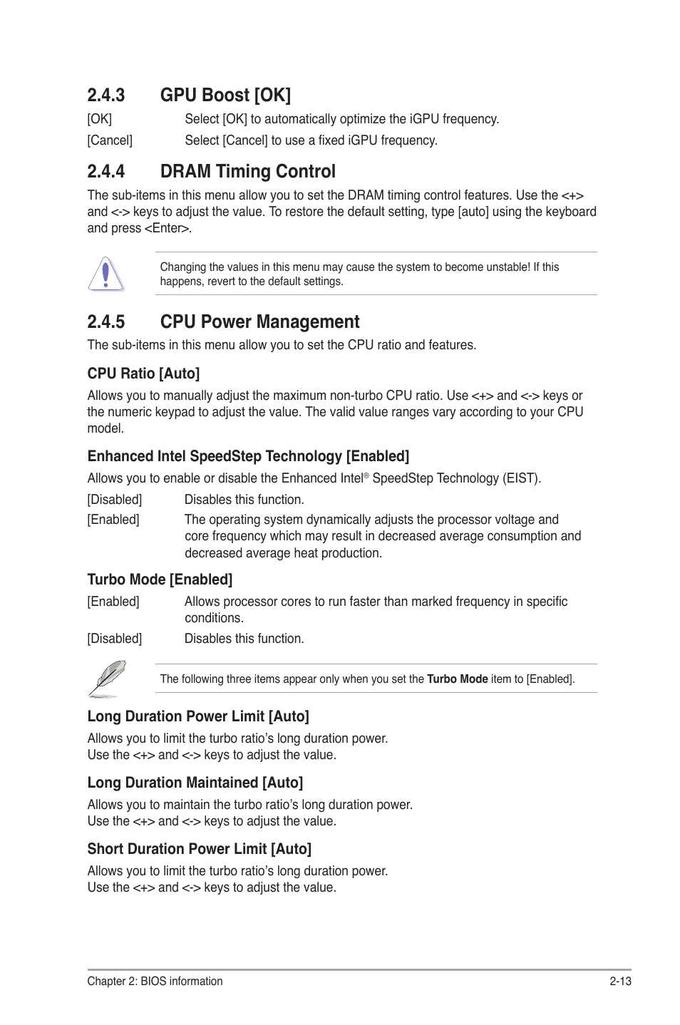3 gpu boost [ok, 4 dram timing control, 5 cpu power management | Gpu boost [ok] -13, Dram timing control -13, Cpu power management -13 | Asus P8Q77-M2 User Manual | Page 57 / 82