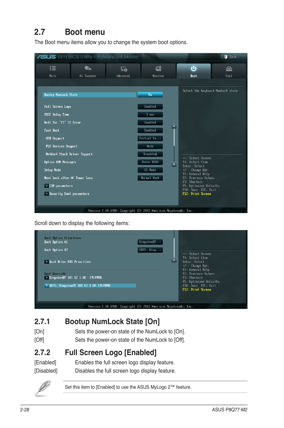 7 boot menu, 1 bootup numlock state [on, 2 full screen logo [enabled | 7 boot menu -28, Bootup numlock state [on] -28, Full screen logo [enabled] -28 | Asus P8Q77-M2 User Manual | Page 72 / 82