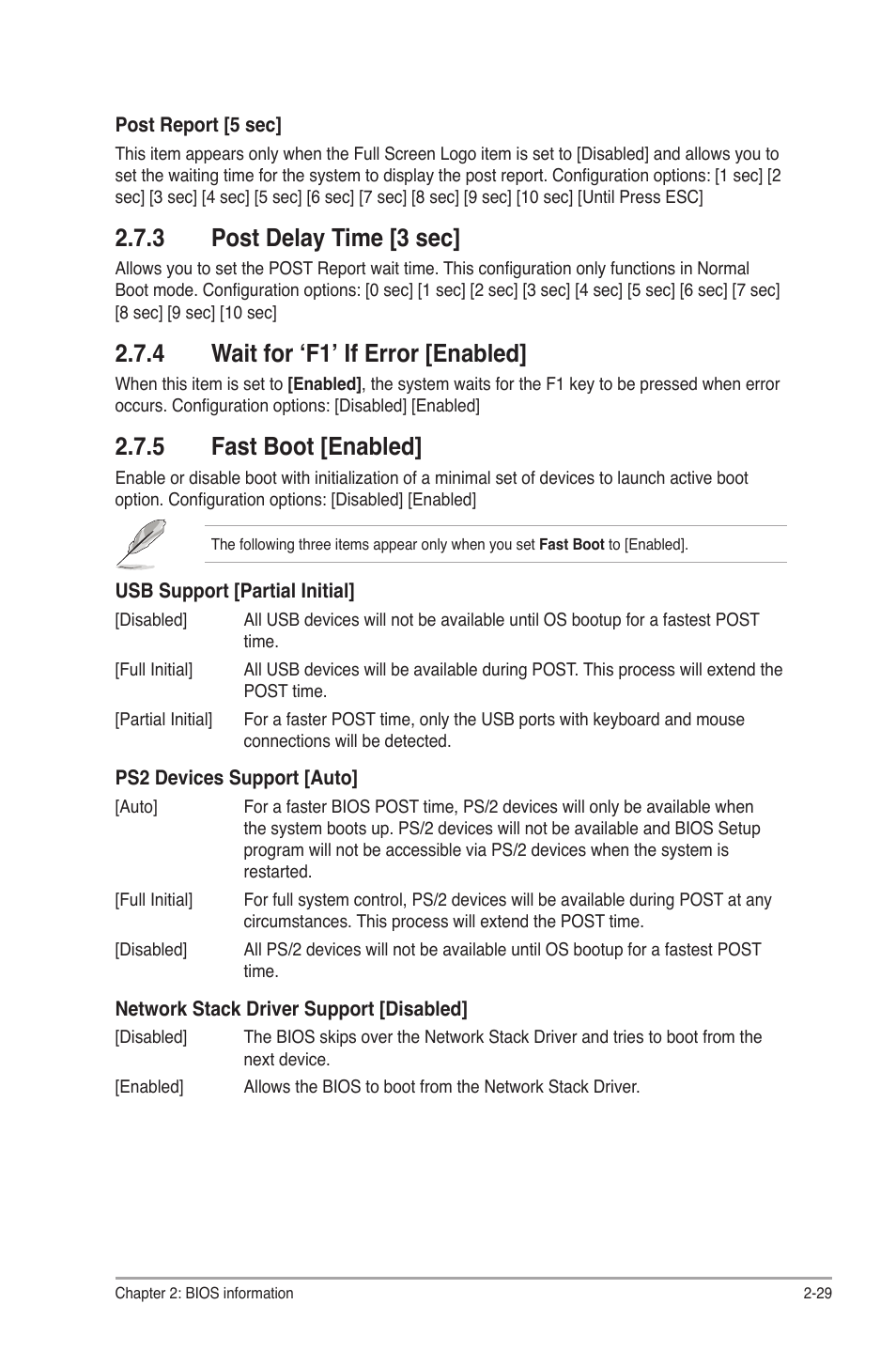 3 post delay time [3 sec, 4 wait for ‘f1’ if error [enabled, 5 fast boot [enabled | Post delay time [3 sec] -29, Wait for ‘f1’ if error [enabled] -29, Fast boot [enabled] -29 | Asus P8Q77-M2 User Manual | Page 73 / 82