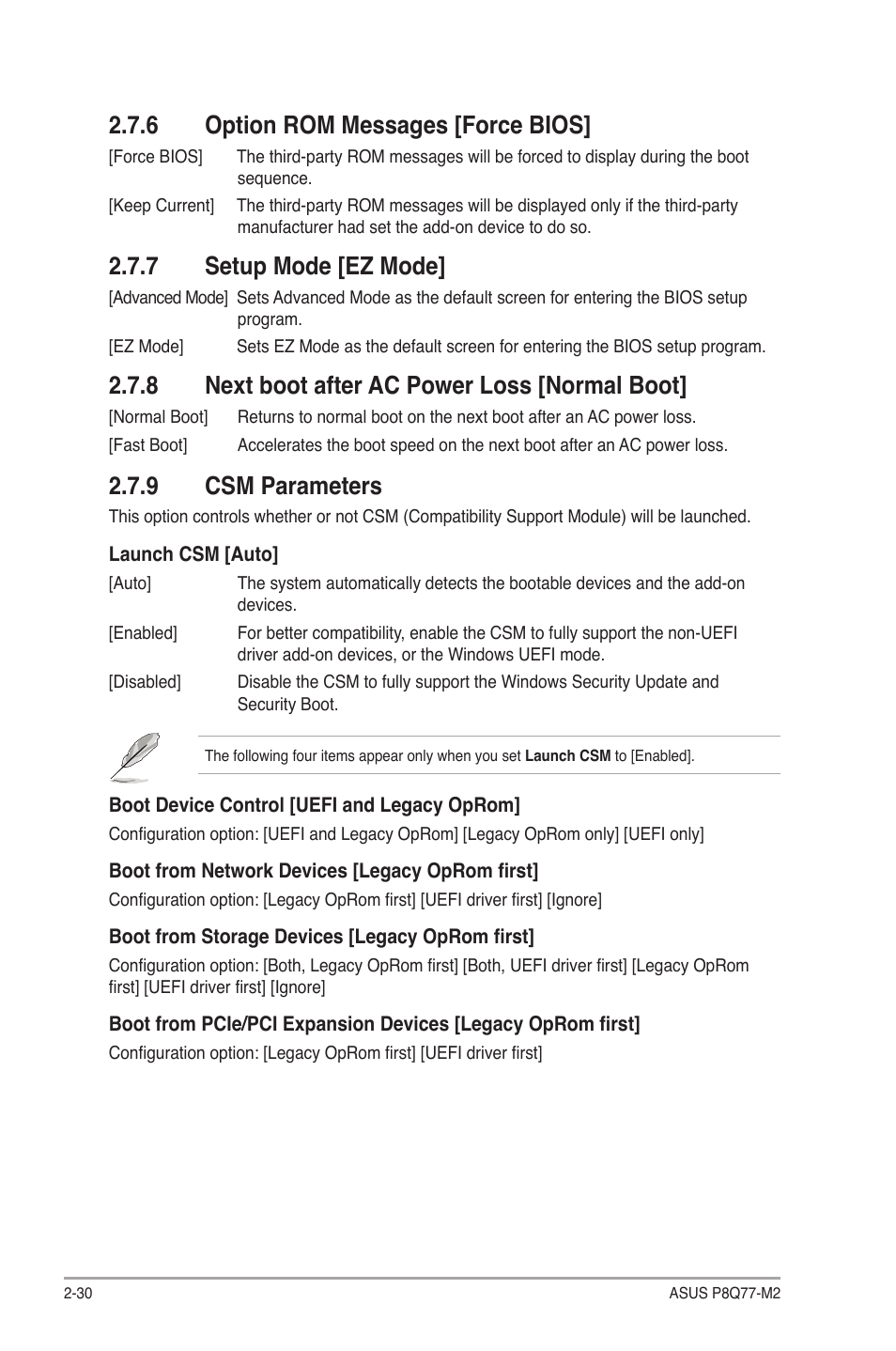 6 option rom messages [force bios, 7 setup mode [ez mode, 8 next boot after ac power loss [normal boot | 9 csm parameters, Option rom messages [force bios] -30, Setup mode [ez mode] -30, Next boot after ac power loss [normal boot] -30, Csm parameters -30 | Asus P8Q77-M2 User Manual | Page 74 / 82