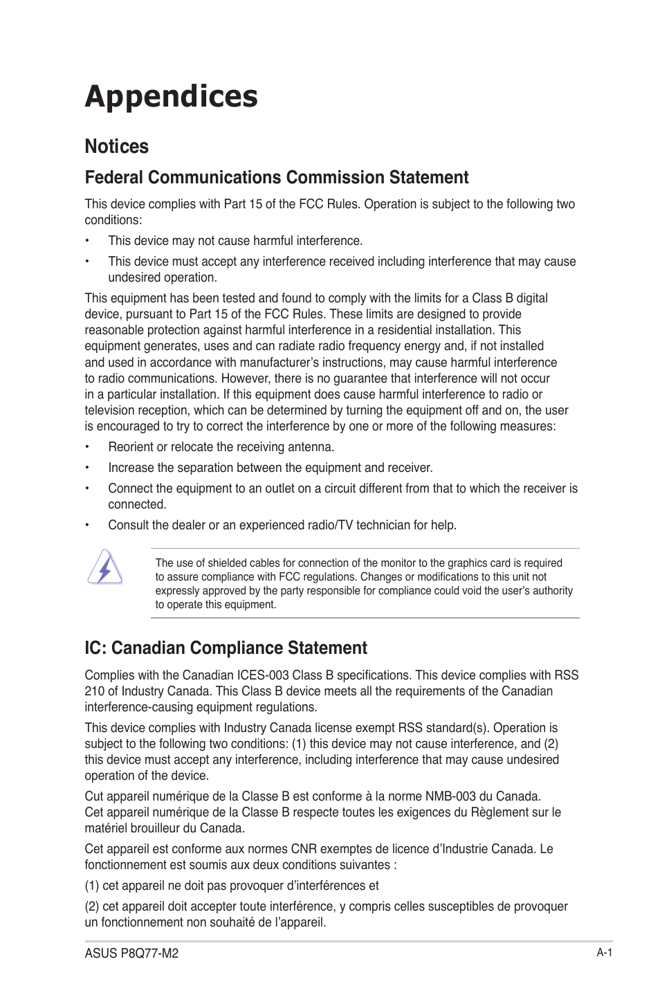 Appendices, Notices, Federal communications commission statement | Ic: canadian compliance statement | Asus P8Q77-M2 User Manual | Page 79 / 82