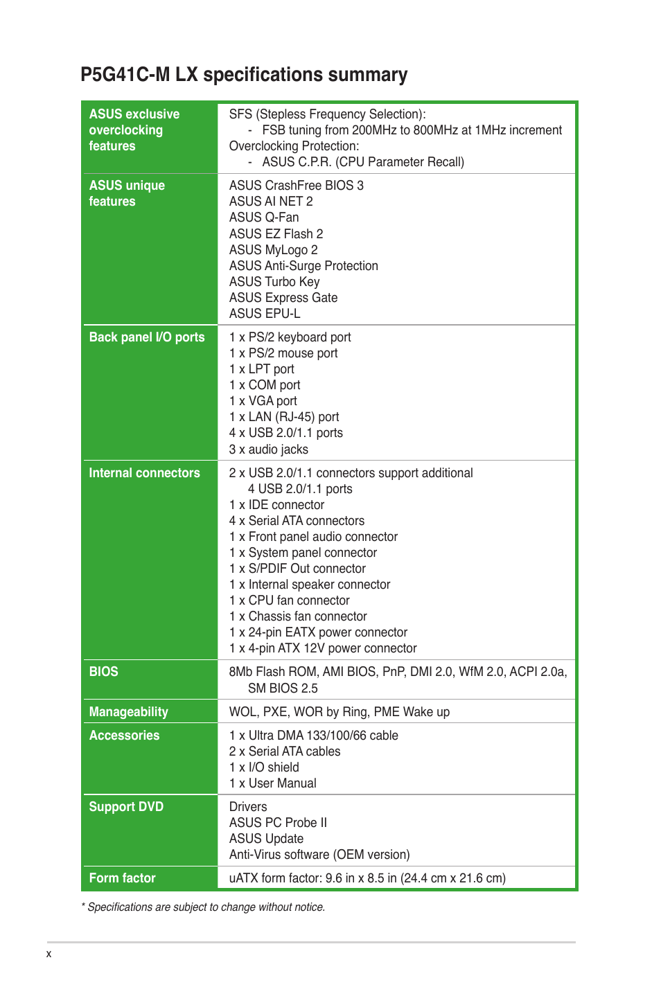 P5g41c-m lx specifications summary | Asus P5G41C-M LX User Manual | Page 10 / 62