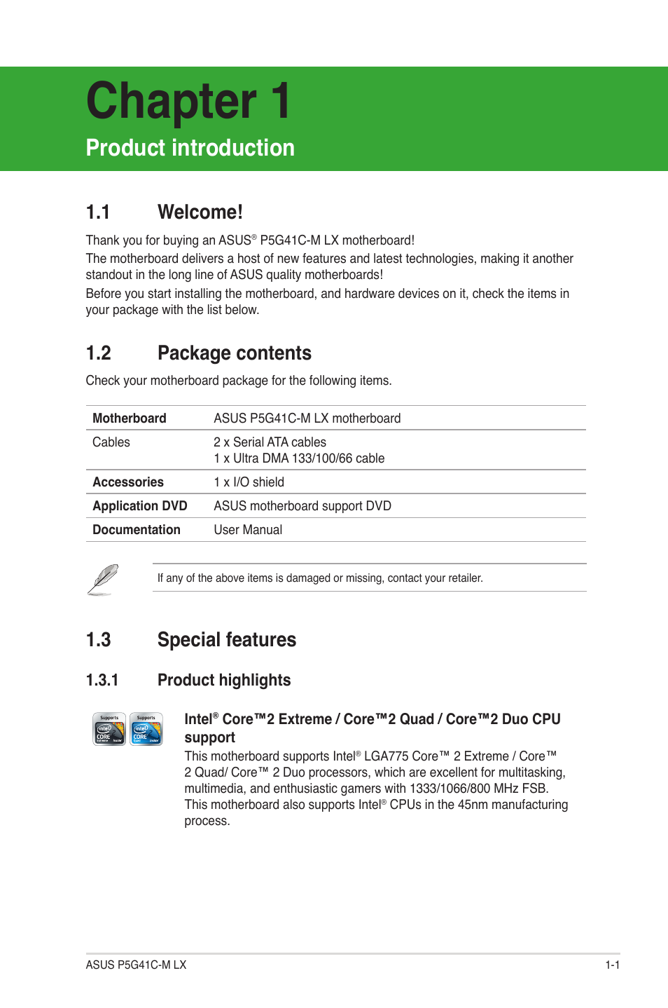 Product introduction, 1 welcome, 2 package contents | 3 special features, 1 product highlights, Welcome! -1, Package contents -1, Special features -1 1.3.1, Product highlights -1, Chapter 1 | Asus P5G41C-M LX User Manual | Page 11 / 62