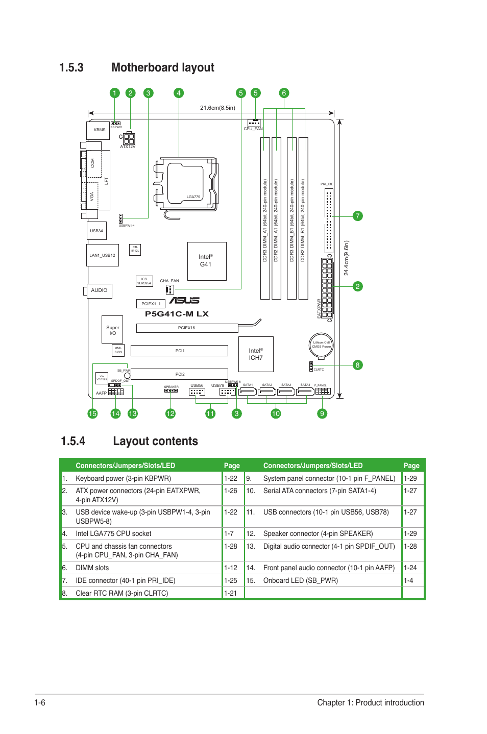 3 motherboard layout, 4 layout contents, Motherboard layout -6 | Layout contents -6, 6 chapter 1: product introduction, P5g41c-m lx | Asus P5G41C-M LX User Manual | Page 16 / 62