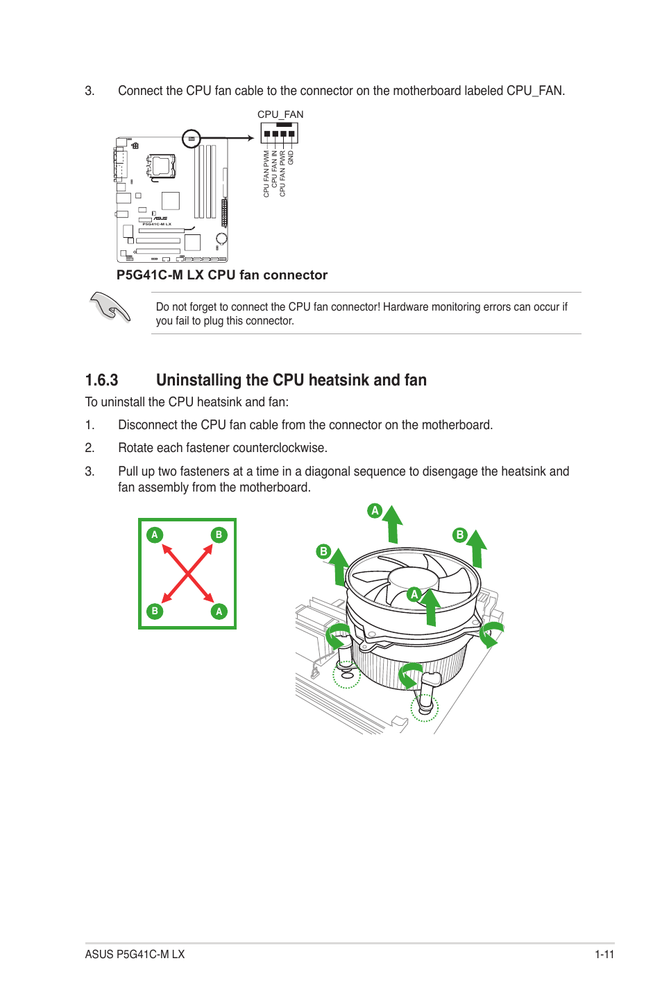 3 uninstalling the cpu heatsink and fan, Uninstalling the cpu heatsink and fan -11, P5g41c-m lx cpu fan connector | Asus P5G41C-M LX User Manual | Page 21 / 62