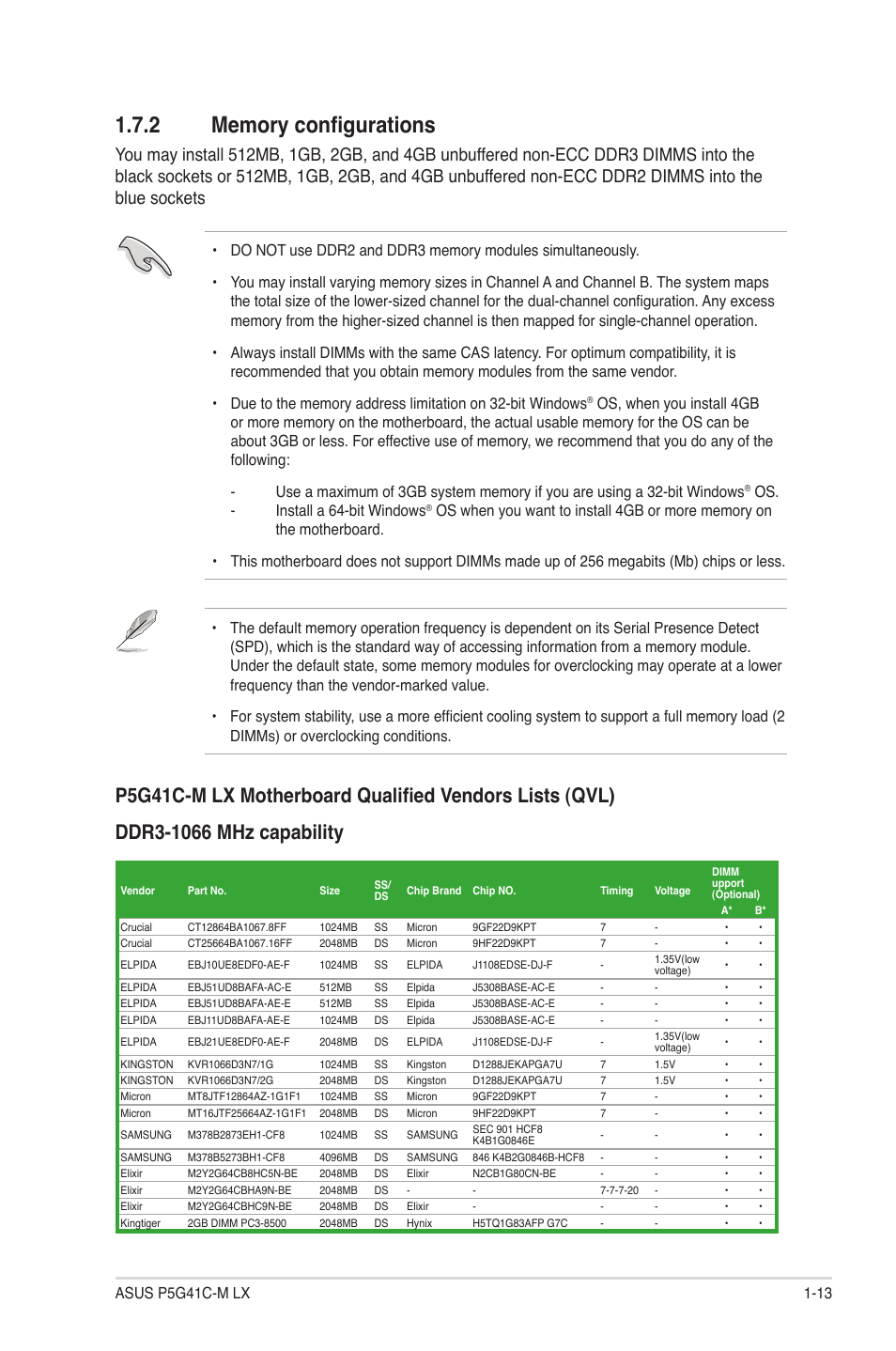 2 memory configurations, Memory configurations -13 | Asus P5G41C-M LX User Manual | Page 23 / 62