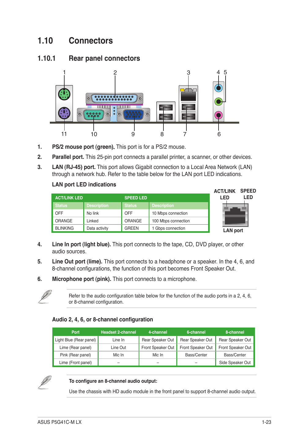 10 connectors, 1 rear panel connectors, 10 connectors -23 | 1 rear panel connectors -23 | Asus P5G41C-M LX User Manual | Page 33 / 62