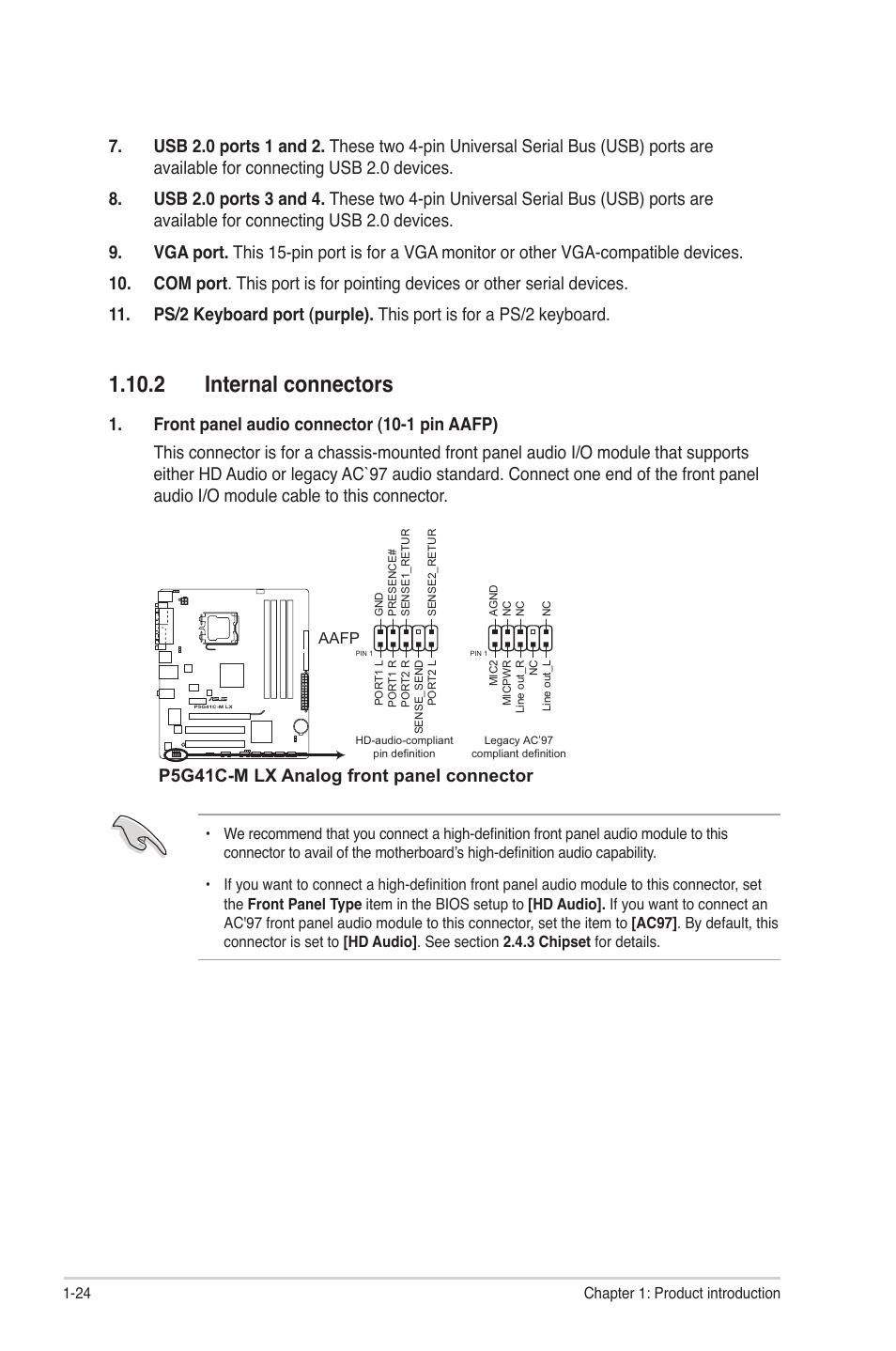 2 internal connectors, 2 internal connectors -24, P5g41c-m lx analog front panel connector | Asus P5G41C-M LX User Manual | Page 34 / 62