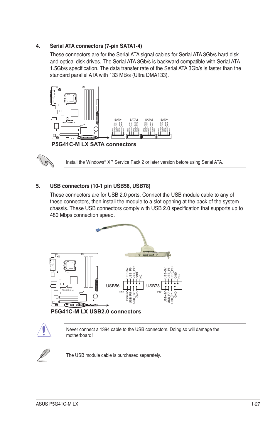 P5g41c-m lx sata connectors, Install the windows, Usb56 | Usb78 | Asus P5G41C-M LX User Manual | Page 37 / 62