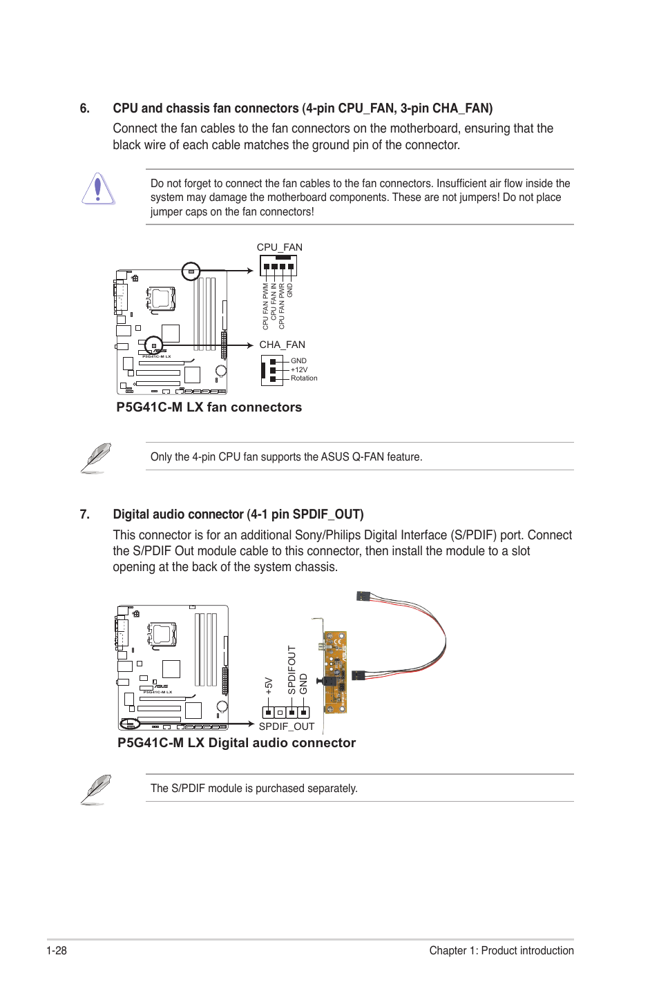P5g41c-m lx fan connectors, P5g41c-m lx digital audio connector | Asus P5G41C-M LX User Manual | Page 38 / 62