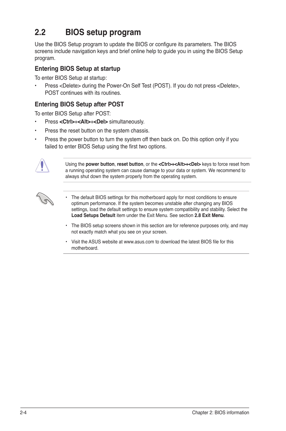 2 bios setup program, Bios setup program -4 | Asus P5G41C-M LX User Manual | Page 44 / 62