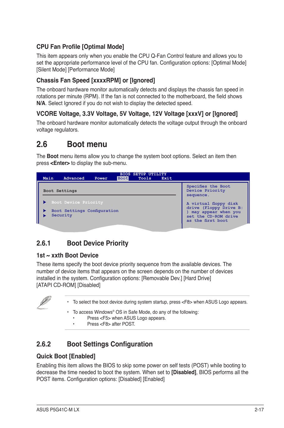 6 boot menu, 1 boot device priority, 2 boot settings configuration | Boot menu -17 2.6.1, Boot device priority -17, Boot settings configuration -17 | Asus P5G41C-M LX User Manual | Page 57 / 62