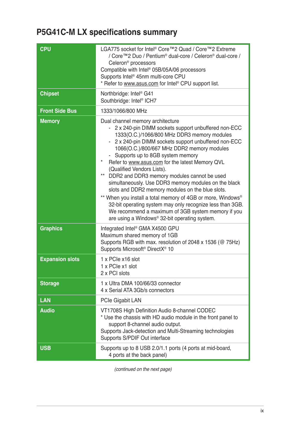 P5g41c-m lx specifications summary | Asus P5G41C-M LX User Manual | Page 9 / 62