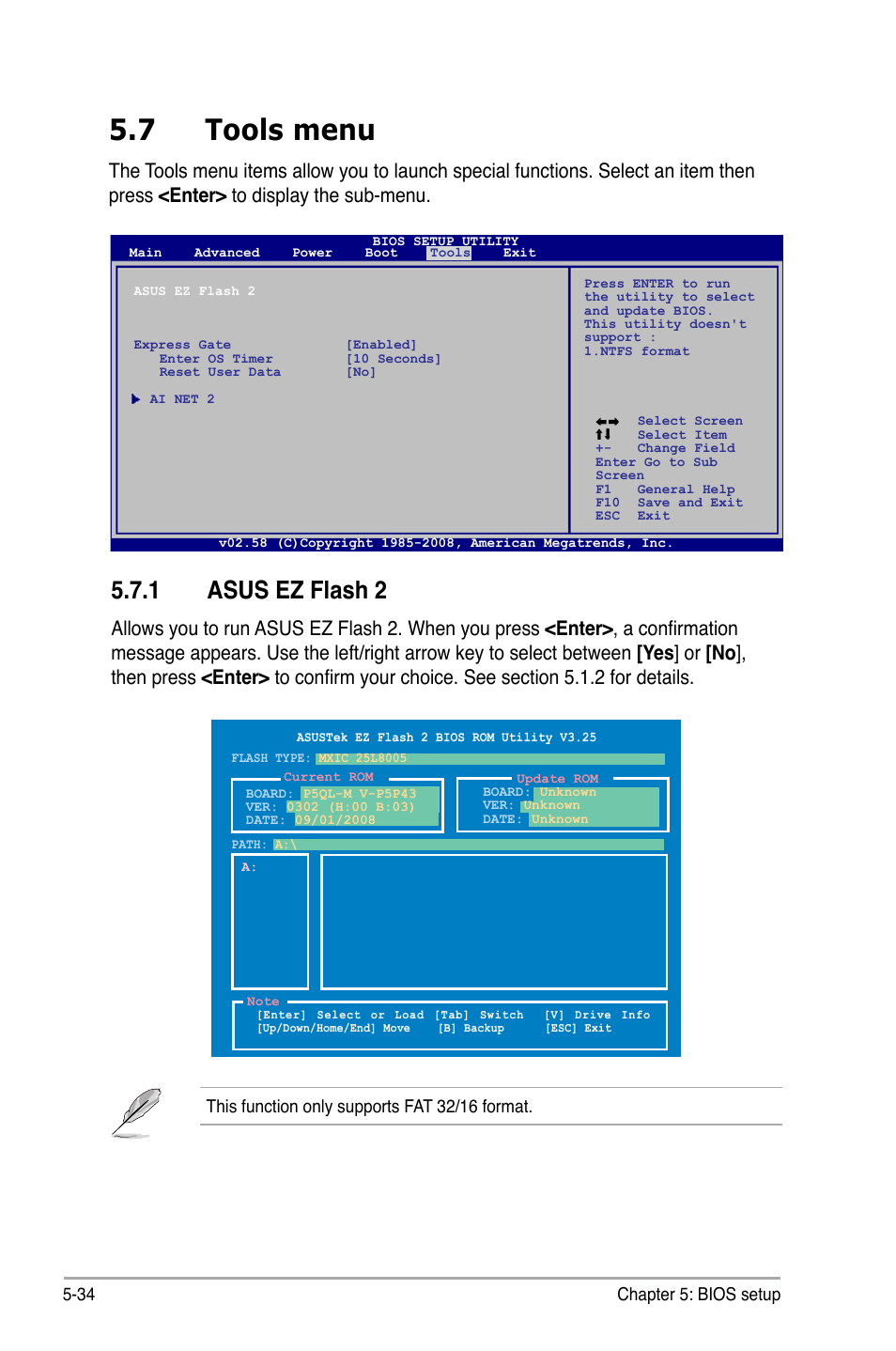 7 tools menu, 1 asus ez flash 2, 34 chapter 5: bios setup | This function only supports fat 32/16 format | Asus V4-P5P43 User Manual | Page 108 / 112