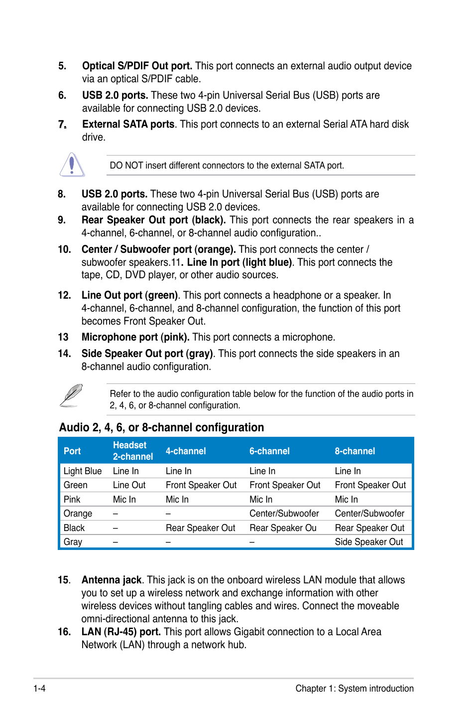 Audio 2, 4, 6, or 8-channel configuration | Asus V4-P5P43 User Manual | Page 16 / 112